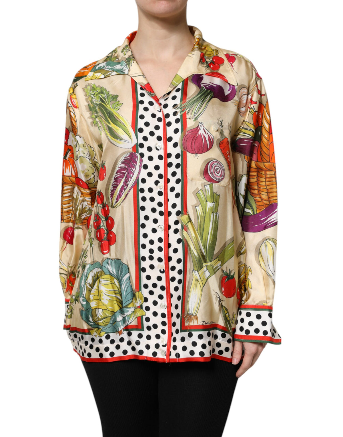 Indulge in the exquisite Dolce & Gabbana Multicolor Vegetables Silk Long Sleeves Top, a masterpiece of Italian craftsmanship that elevates your elegance and allure.