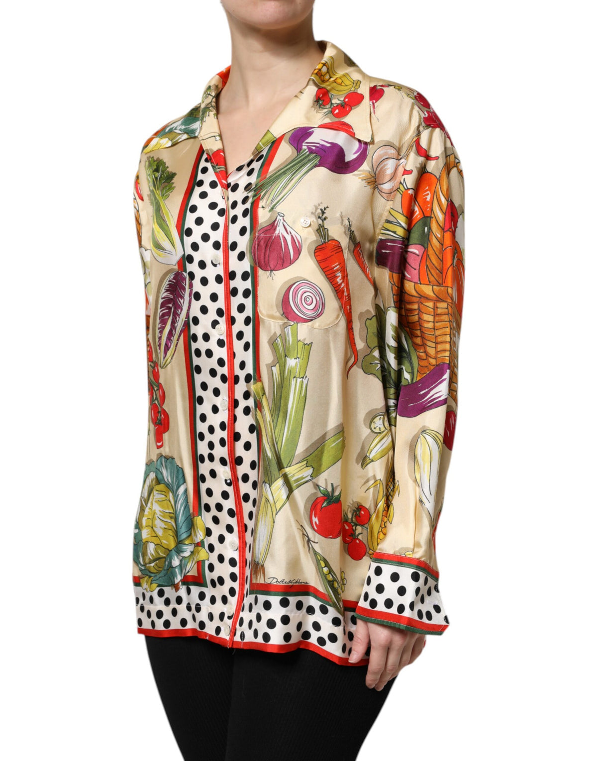 Indulge in the exquisite Dolce & Gabbana Multicolor Vegetables Silk Long Sleeves Top, a masterpiece of Italian craftsmanship that embodies timeless luxury and elegance.