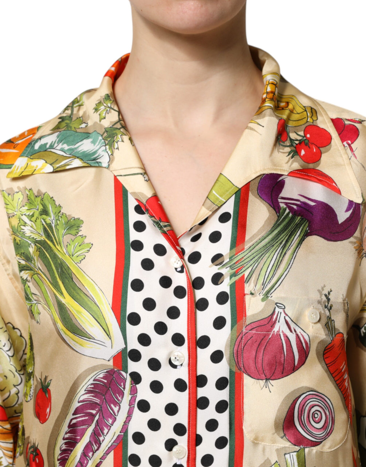 Experience the allure of Dolce & Gabbana's Multicolor Vegetables Silk Long Sleeves Top, a masterpiece of Italian craftsmanship that embodies timeless luxury and elegance.
