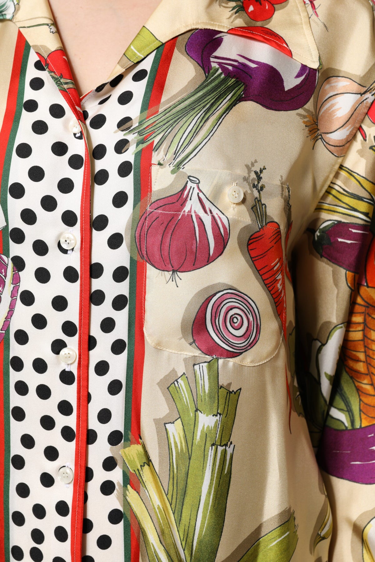 Indulge in the exquisite Dolce & Gabbana Multicolor Vegetables Silk Long Sleeves Top, where luxurious silk meets timeless elegance, perfect for the discerning connoisseur.