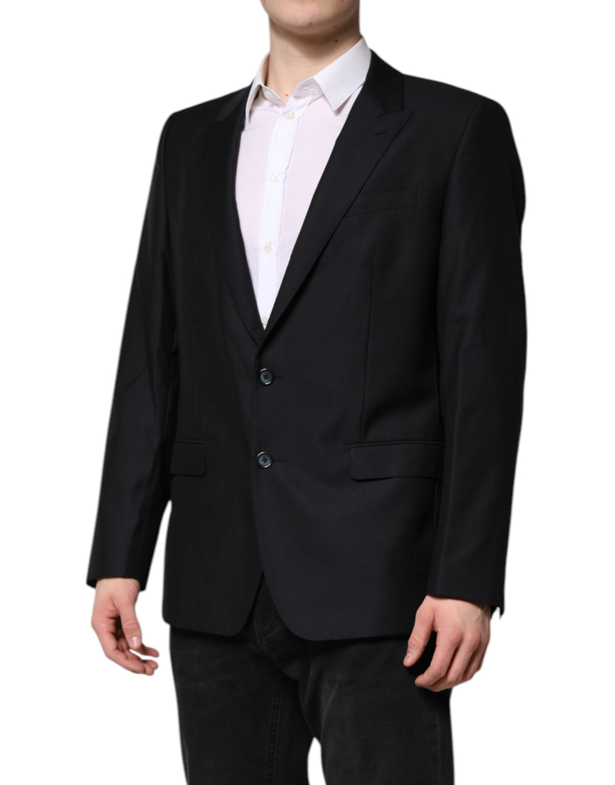Experience the exquisite Dolce & Gabbana Dark Blue MARTINI Wool Blazer, a masterpiece of Italian craftsmanship, blending luxurious virgin wool and silk for unparalleled elegance.