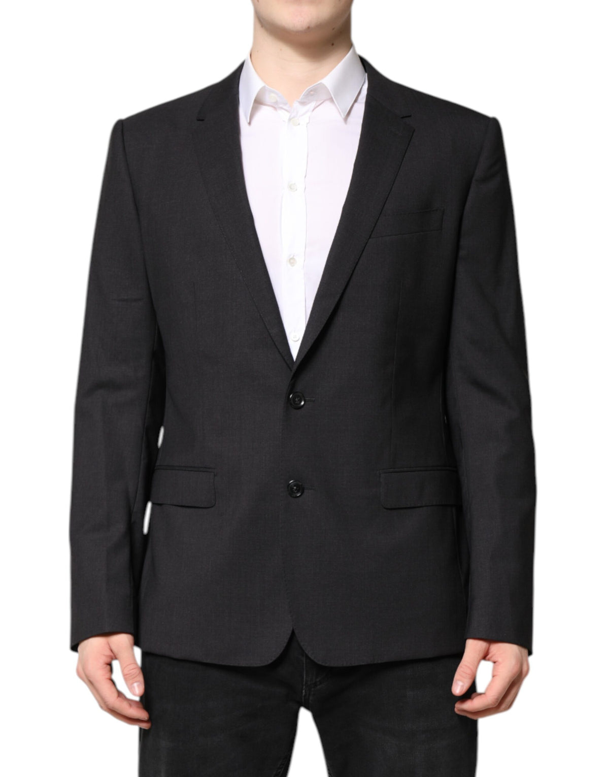Experience the exquisite allure of the Dolce & Gabbana Dark Gray MARTINI Single Breasted Jacket, a masterpiece of luxurious virgin wool craftsmanship that defines modern elegance.