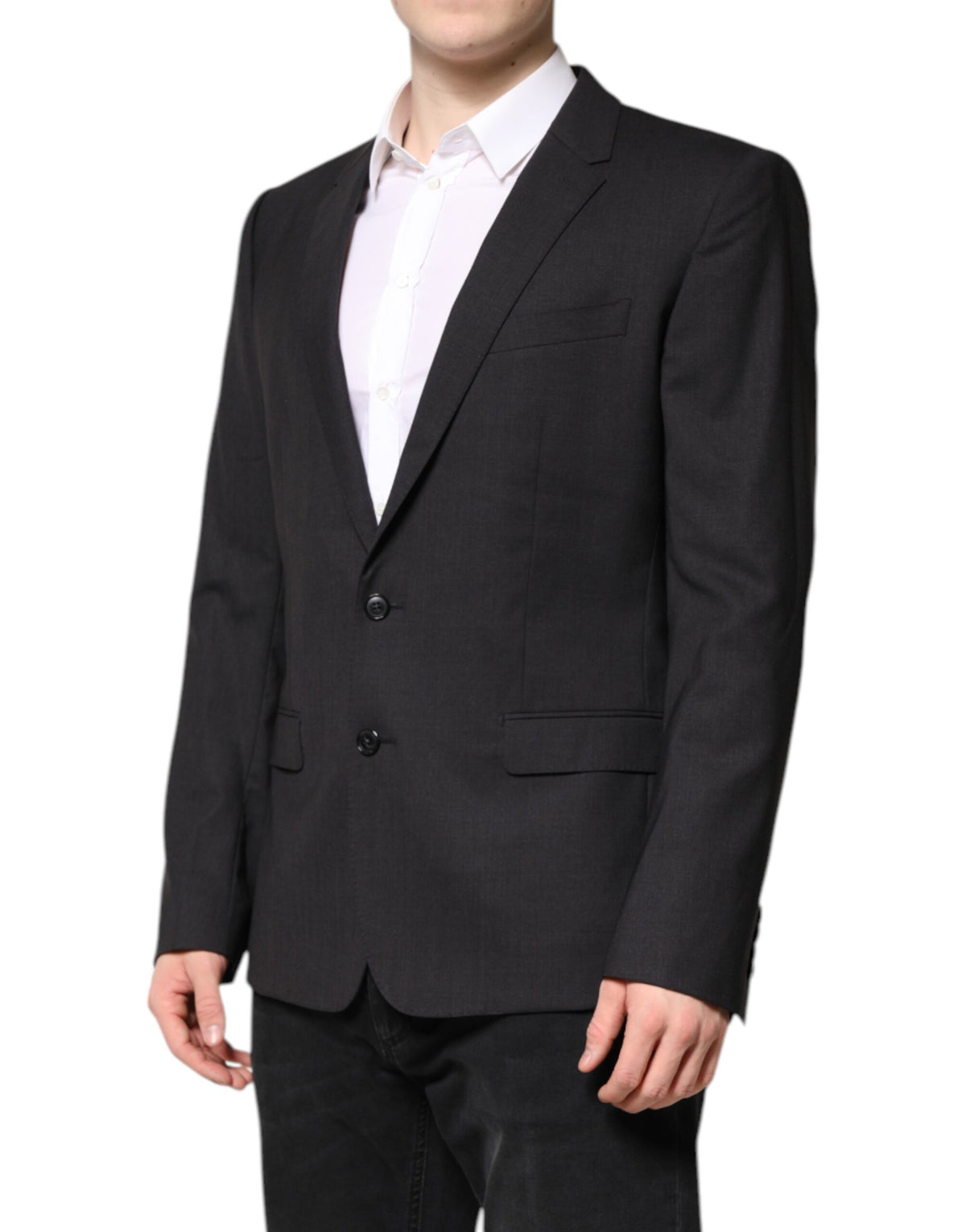 Experience the exquisite luxury of the Dolce & Gabbana Dark Gray MARTINI Single Breasted Jacket, crafted from a sumptuous virgin wool blend, embodying timeless elegance and sophisticated allure.