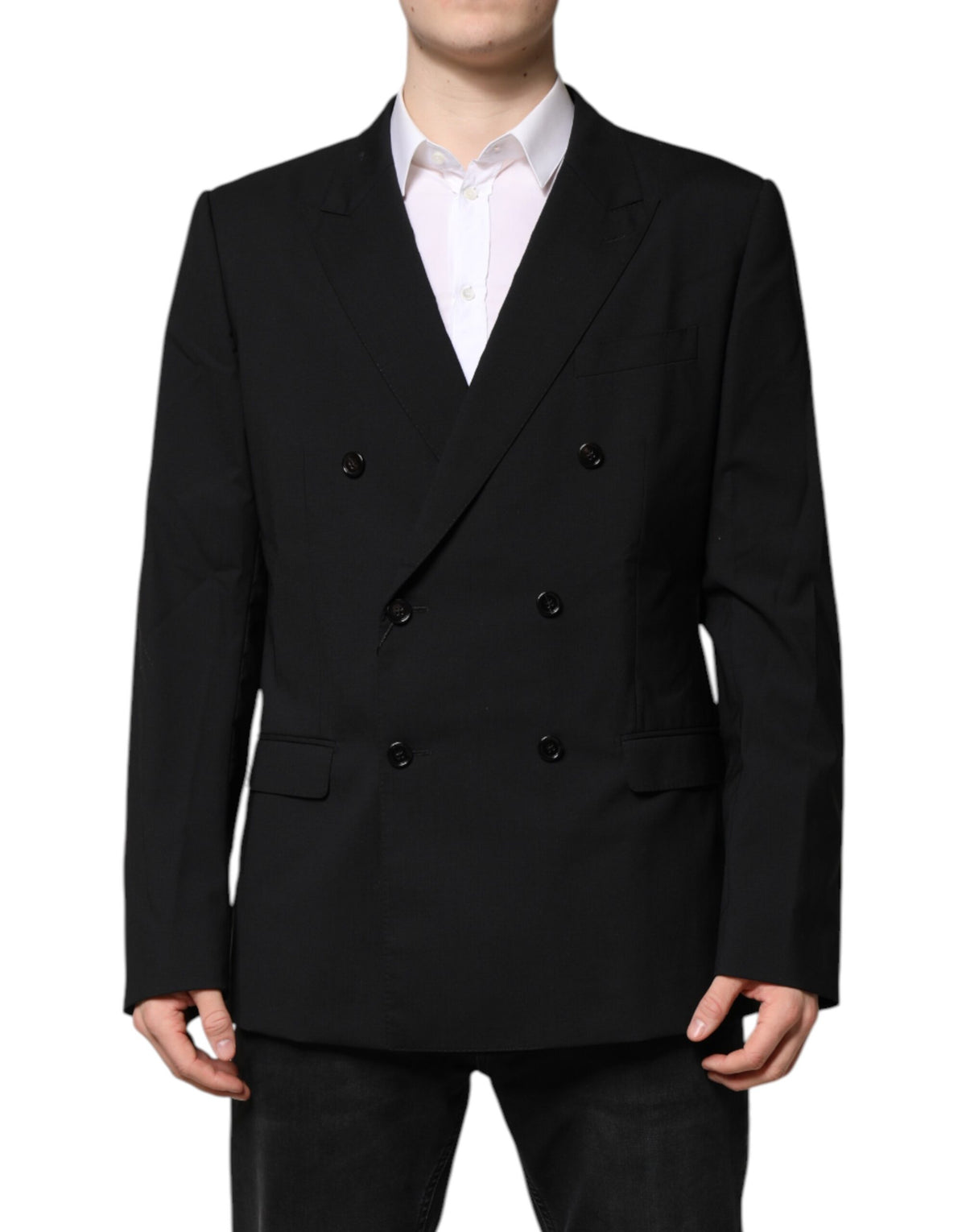 Elevate your style with the Dolce & Gabbana Black MARTINI Double Breasted Suit Jacket, a masterpiece of luxurious virgin wool and silk, embodying timeless elegance and exquisite craftsmanship.