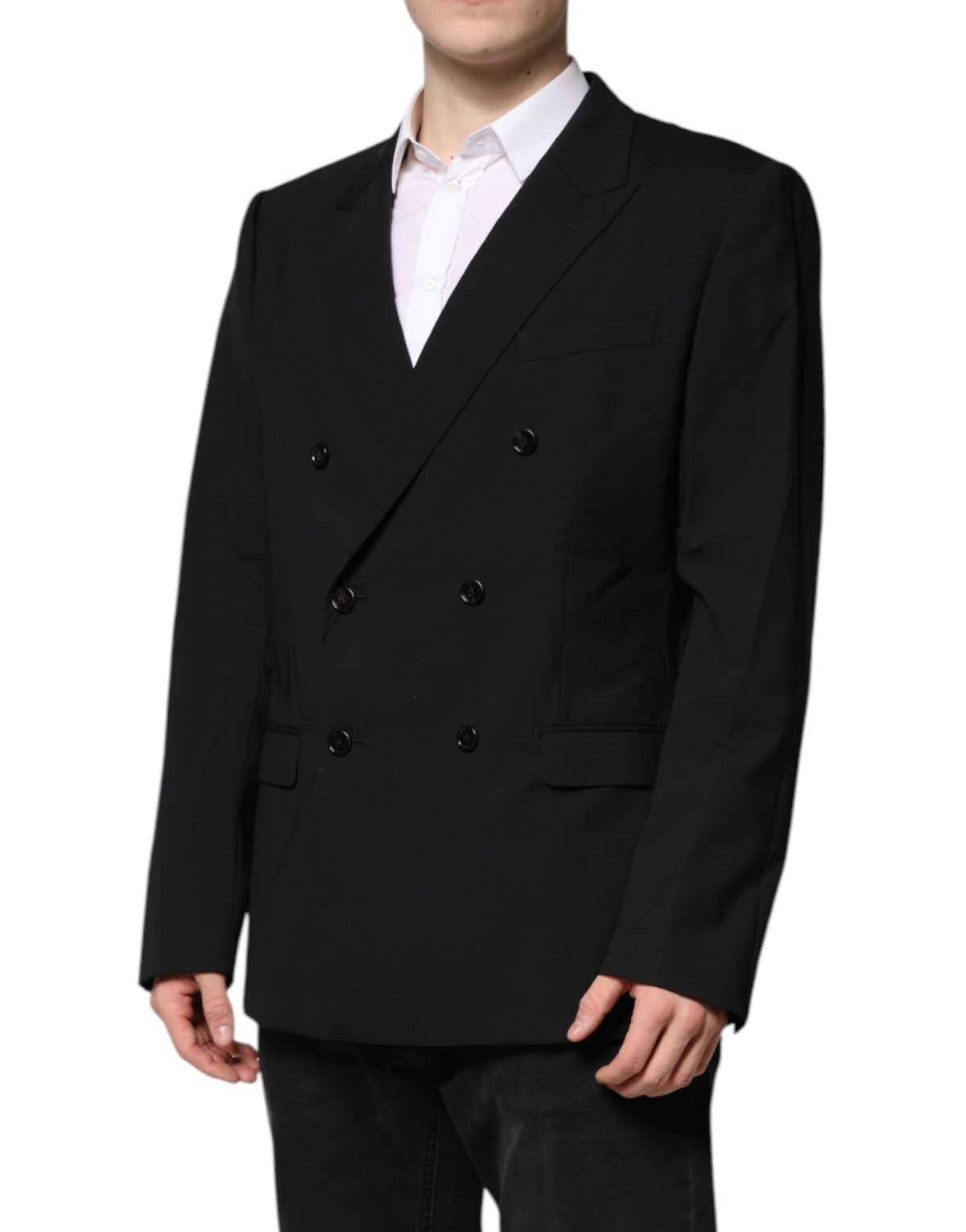 Elevate your style with the Dolce & Gabbana Black MARTINI Double Breasted Suit Jacket, a masterpiece of luxurious virgin wool and silk, crafted in Italy for timeless elegance.