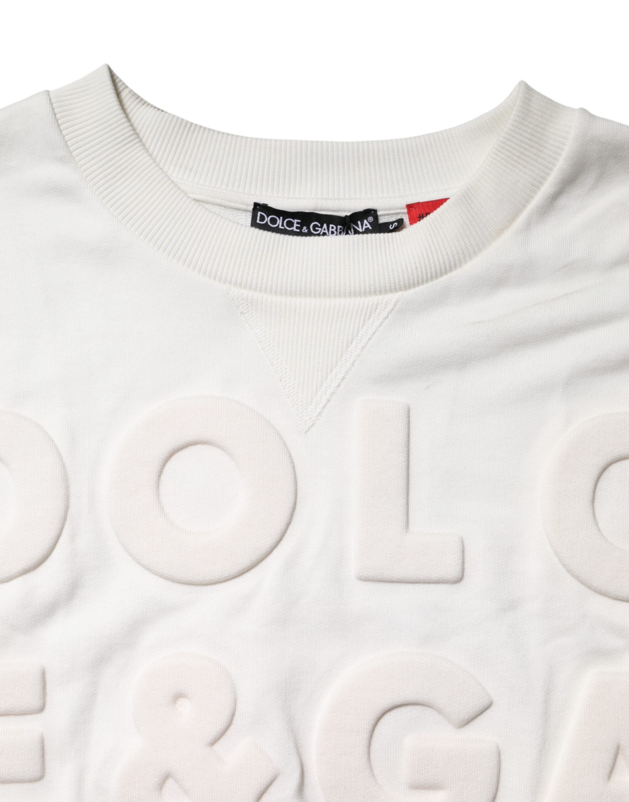 Dolce & Gabbana White Embossed Logo Cotton Crew Neck Sweater
