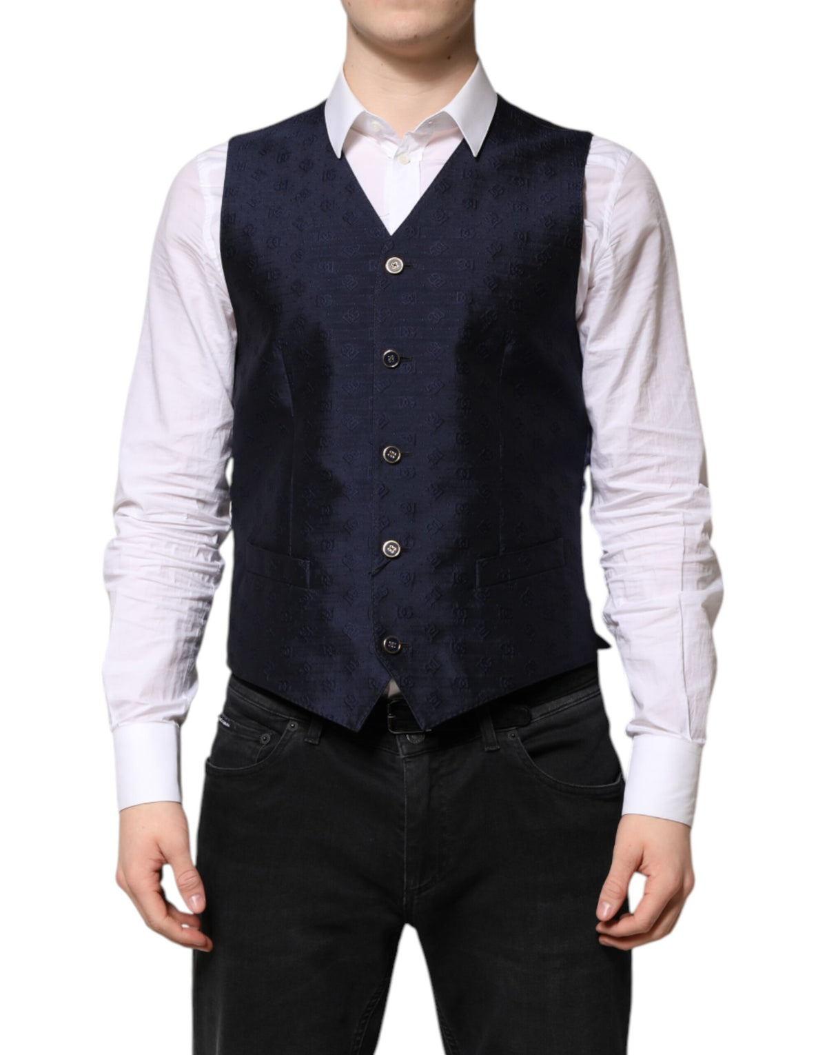 Dolce & Gabbana Dark Blue Logo Wool Waistcoat Vest - Couture
