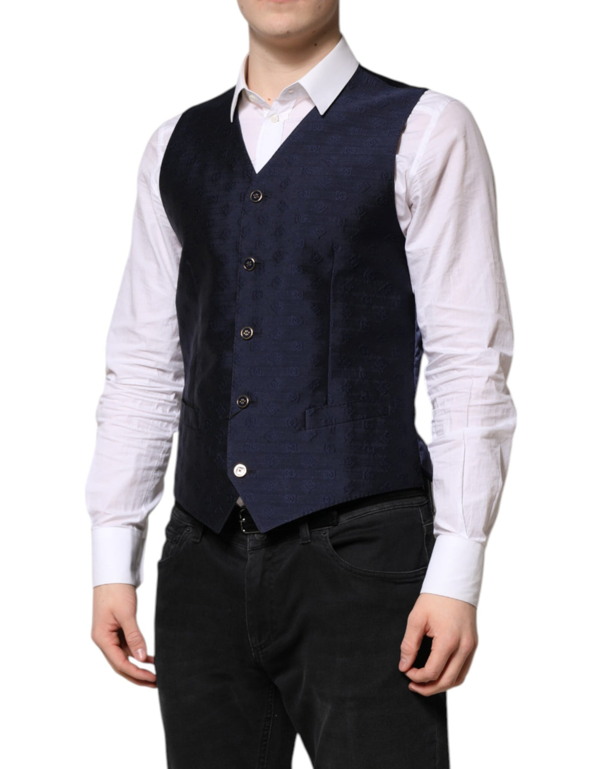 Dolce & Gabbana Dark Blue Logo Wool Waistcoat Vest - Couture