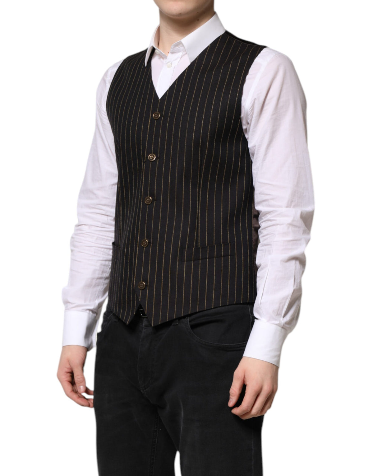Elevate your wardrobe with the Dolce & Gabbana Black Stripes Wool Formal Vest, a masterpiece of Italian craftsmanship in luxurious virgin wool and silk, embodying timeless elegance.