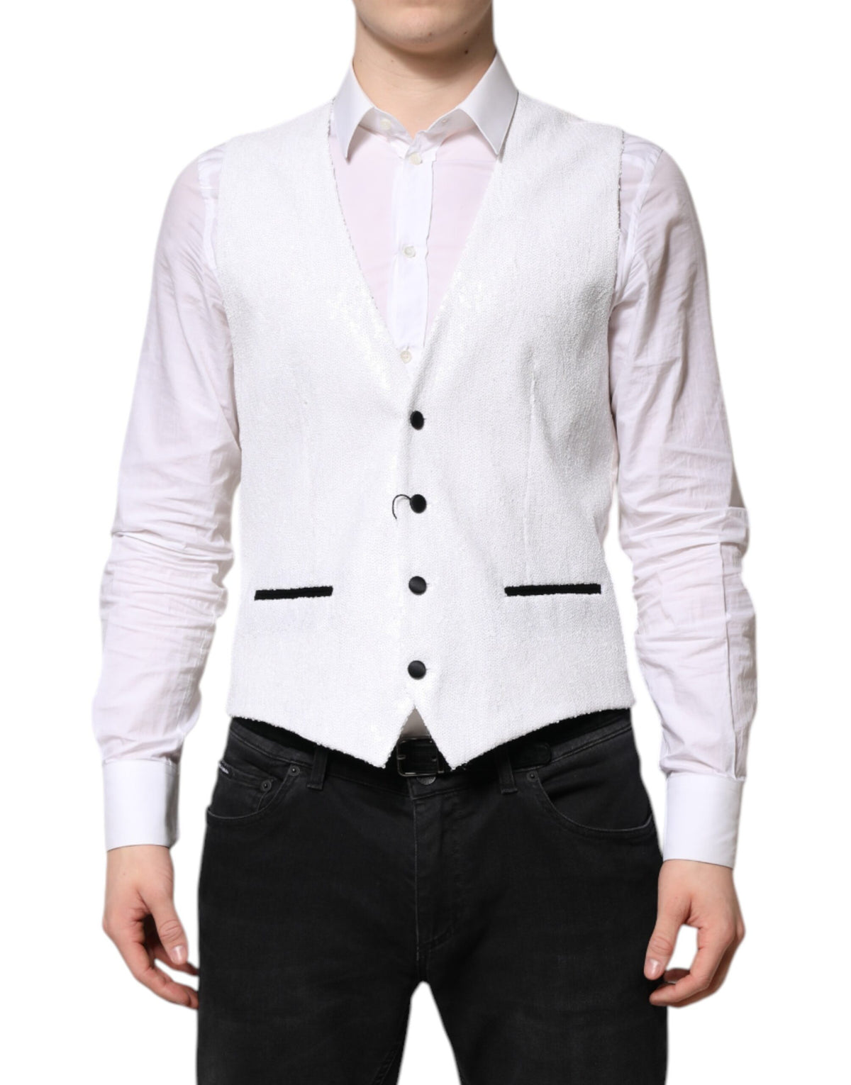 Dolce & Gabbana White Sequined Waistcoat Vest - Timeless Elegance