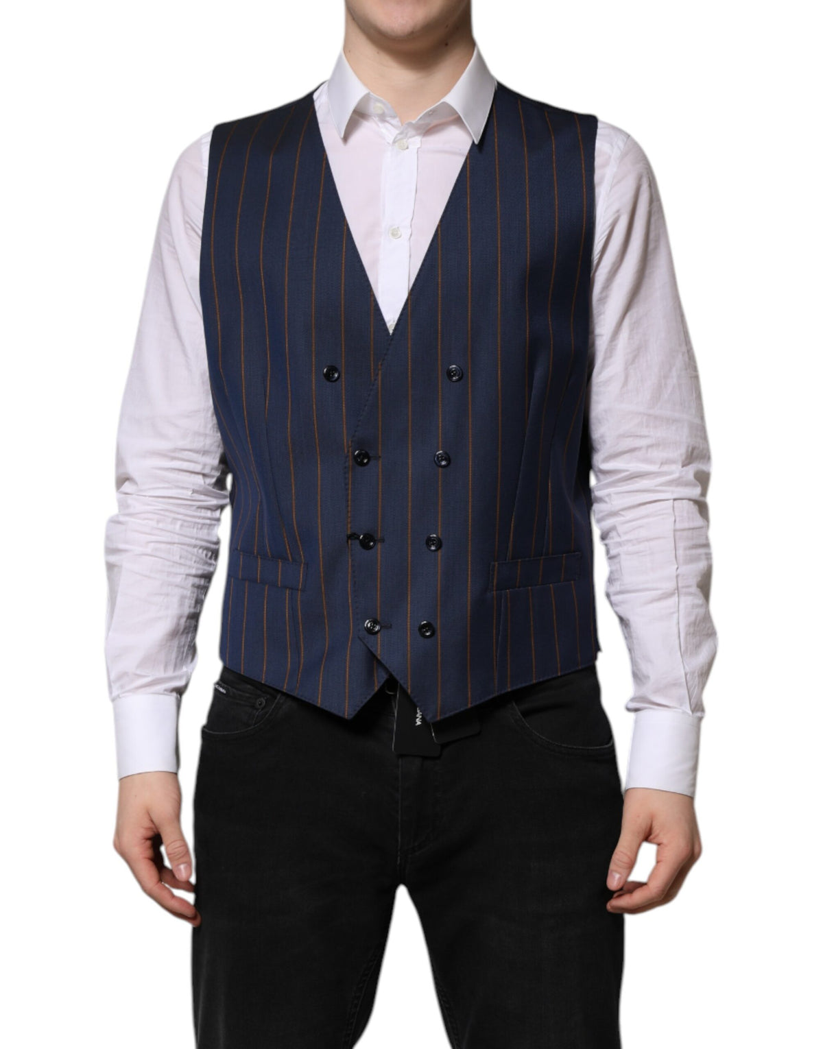 Indulge in the Dolce & Gabbana Blue Stripes Wool Formal Waistcoat Vest, a masterpiece of 100% virgin wool and silk lining, embodying timeless elegance and Italian craftsmanship.