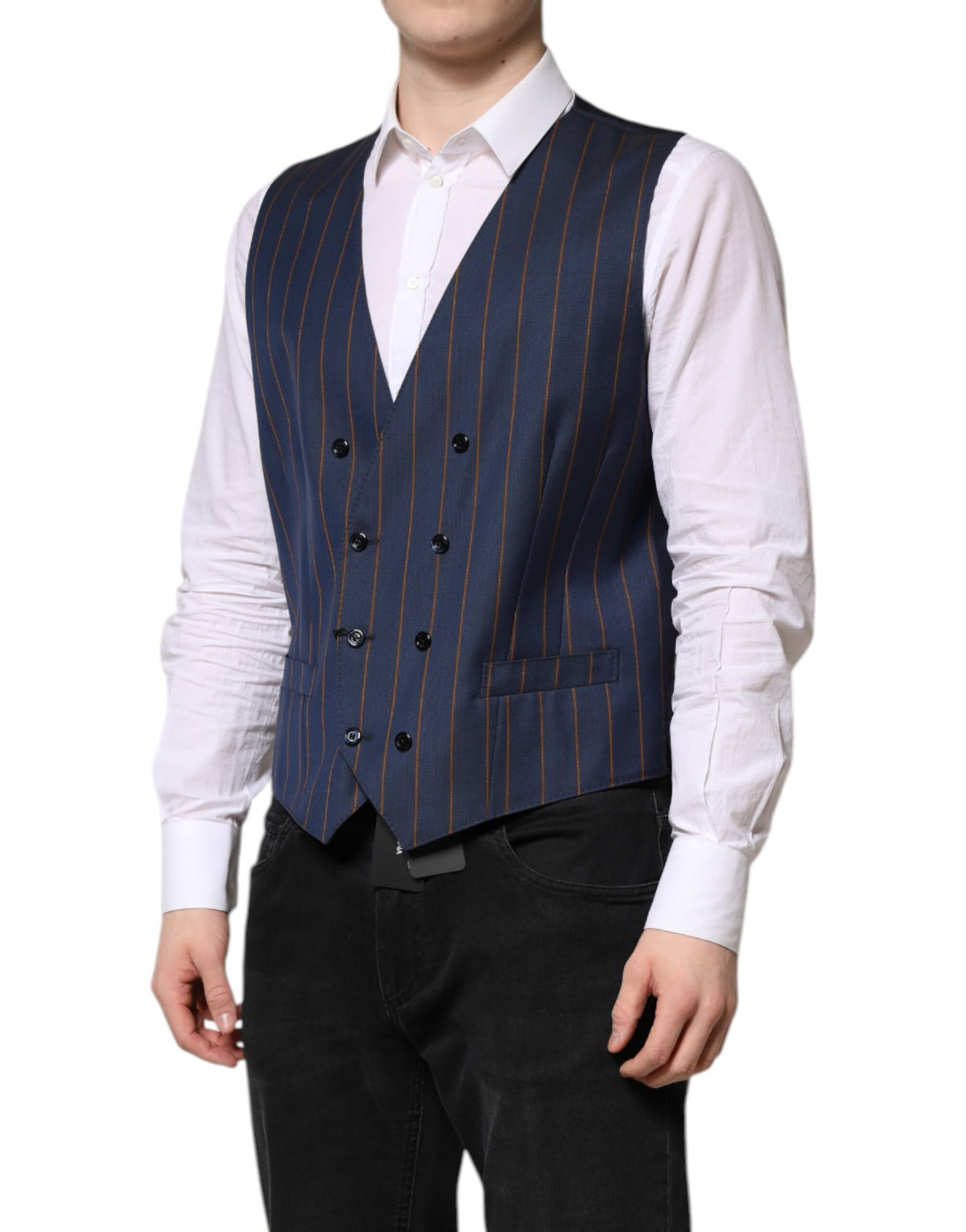 Indulge in the exquisite Dolce & Gabbana Blue Stripes Wool Formal Waistcoat Vest, crafted from luxurious virgin wool and silk lining, embodying timeless elegance and sophistication.