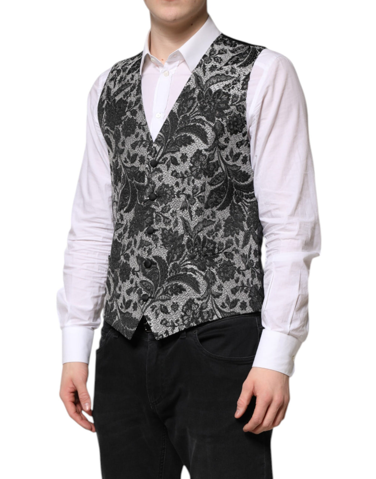 Dolce & Gabbana Black Gray Brocade Waistcoat Vest, Luxury Couture