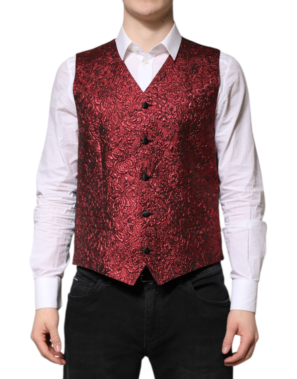 Dolce & Gabbana Red Floral Brocade Waistcoat Vest - Couture Elegance
