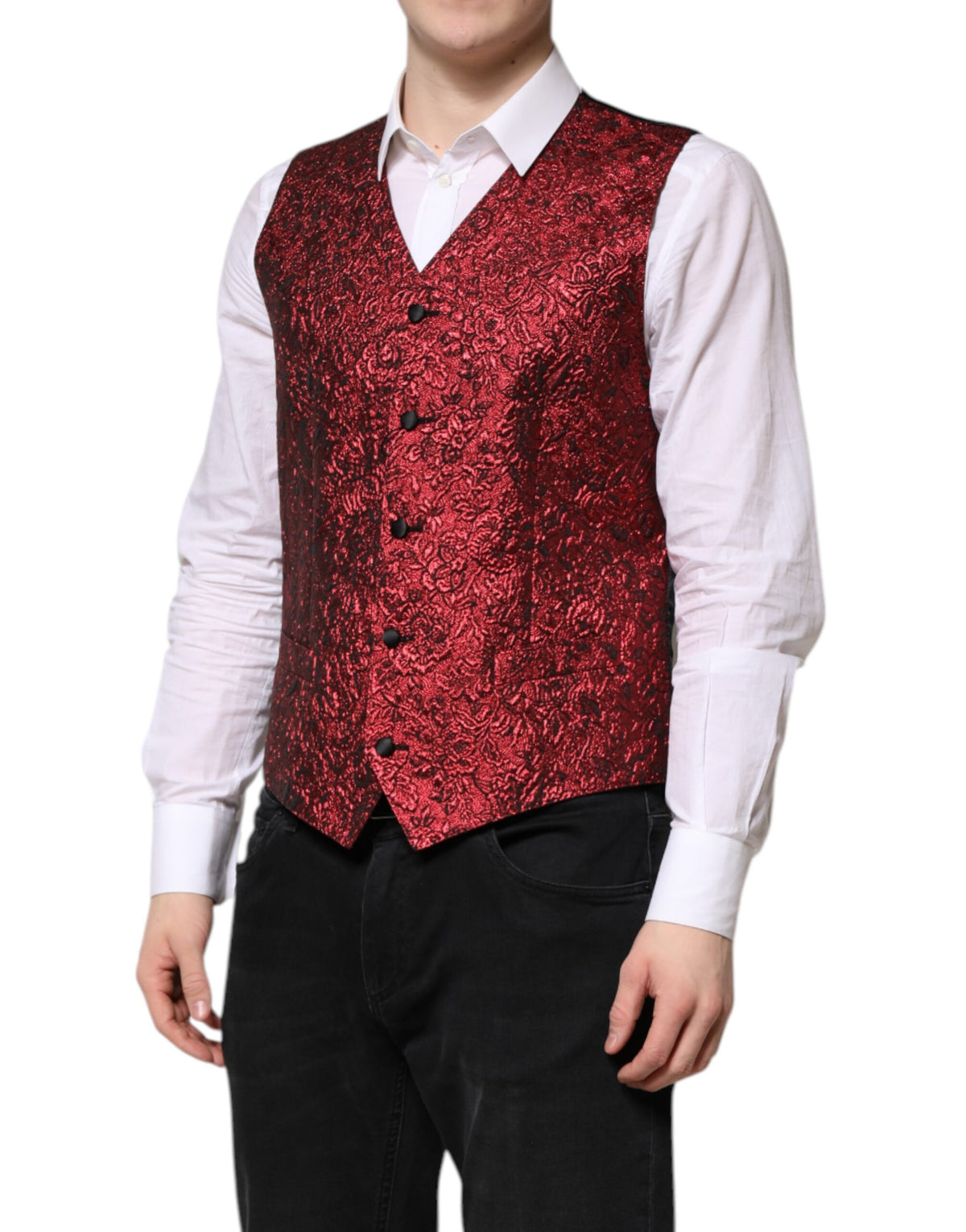 Dolce & Gabbana Red Floral Brocade Waistcoat Vest - Couture Elegance