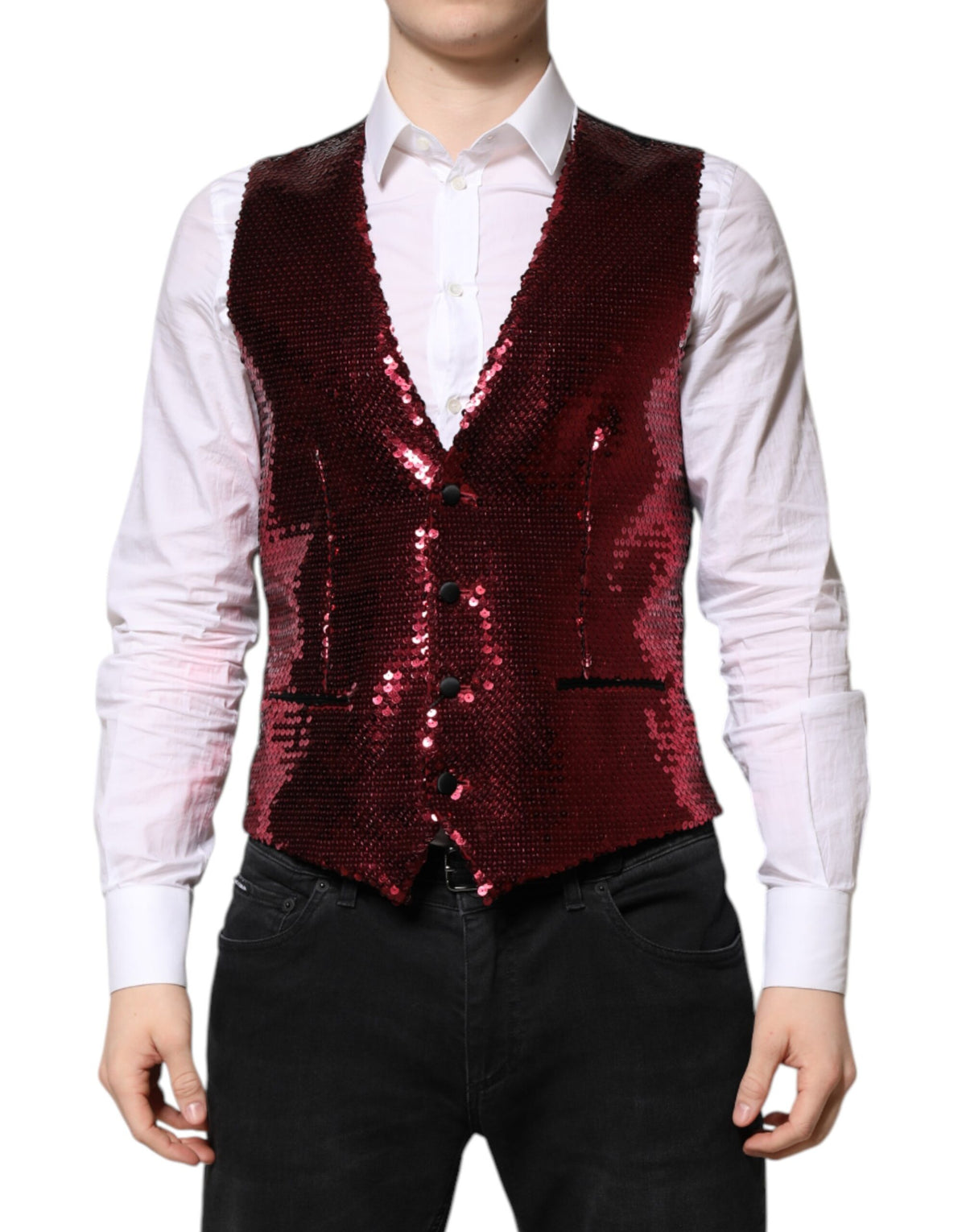 Indulge in the exquisite Dolce & Gabbana Red Sequined Dress Waistcoat Vest, where Italian craftsmanship meets luxurious allure, perfect for unforgettable moments.