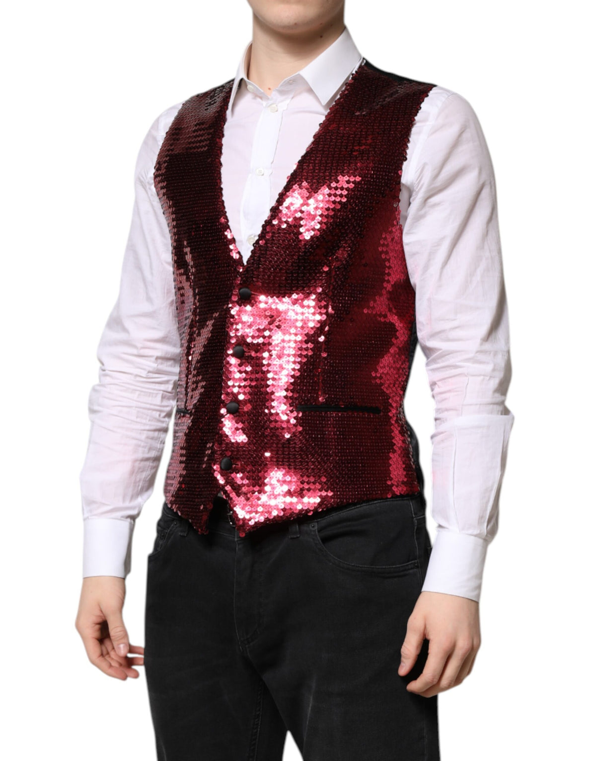 Elevate your style with the Dolce & Gabbana Red Sequined Dress Waistcoat Vest, a masterpiece of Italian craftsmanship that embodies luxury and sophistication for any occasion.
