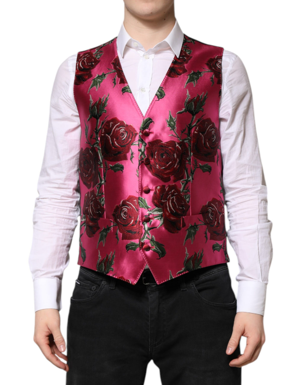 Elevate your wardrobe with the Dolce & Gabbana Pink Floral Satin Waistcoat Vest, a masterpiece of Italian craftsmanship that embodies luxury and sophistication.