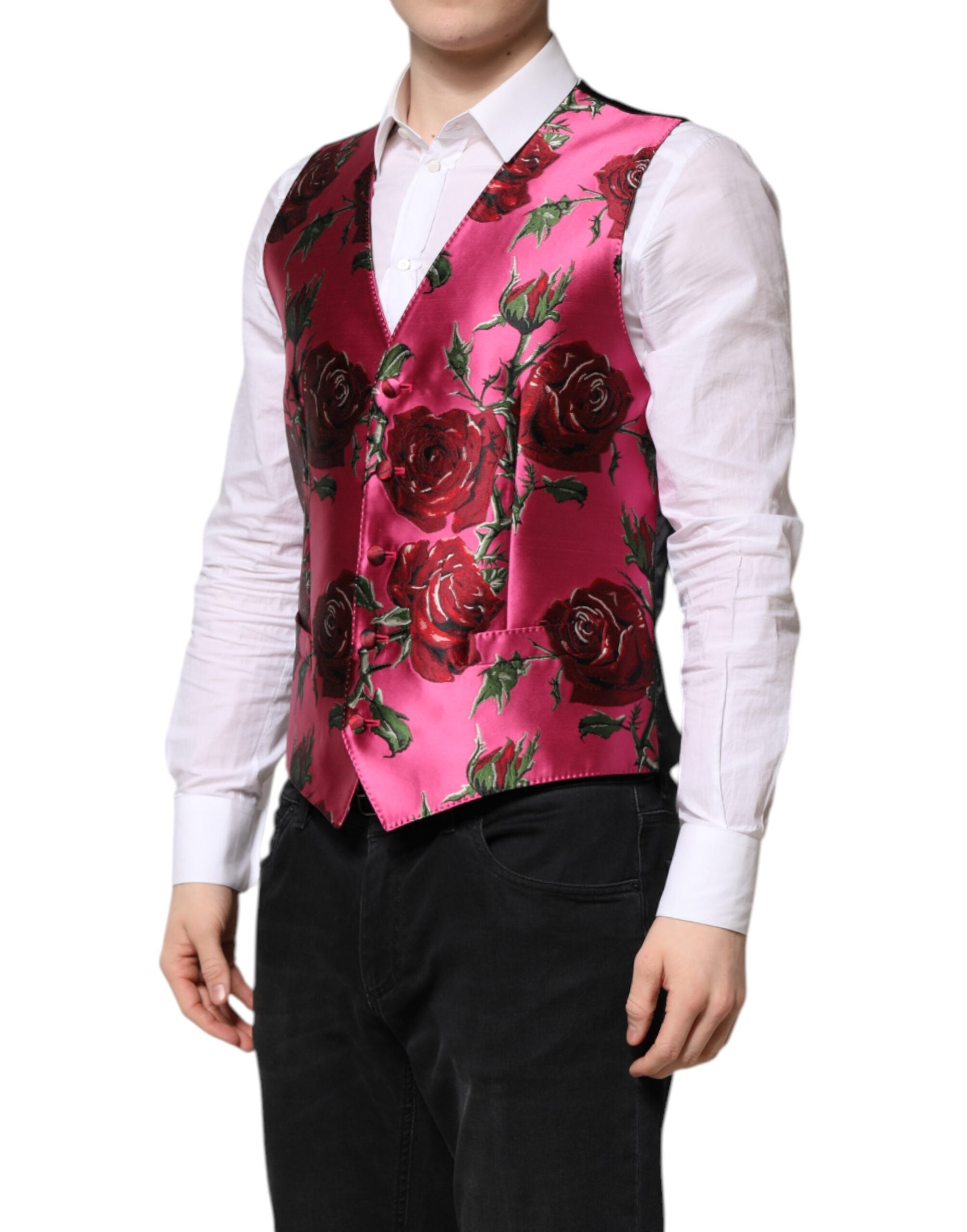 Elevate your wardrobe with the Dolce & Gabbana Pink Floral Satin Waistcoat Vest, a masterpiece of Italian craftsmanship in luxurious silk and polyester, perfect for discerning individuals.