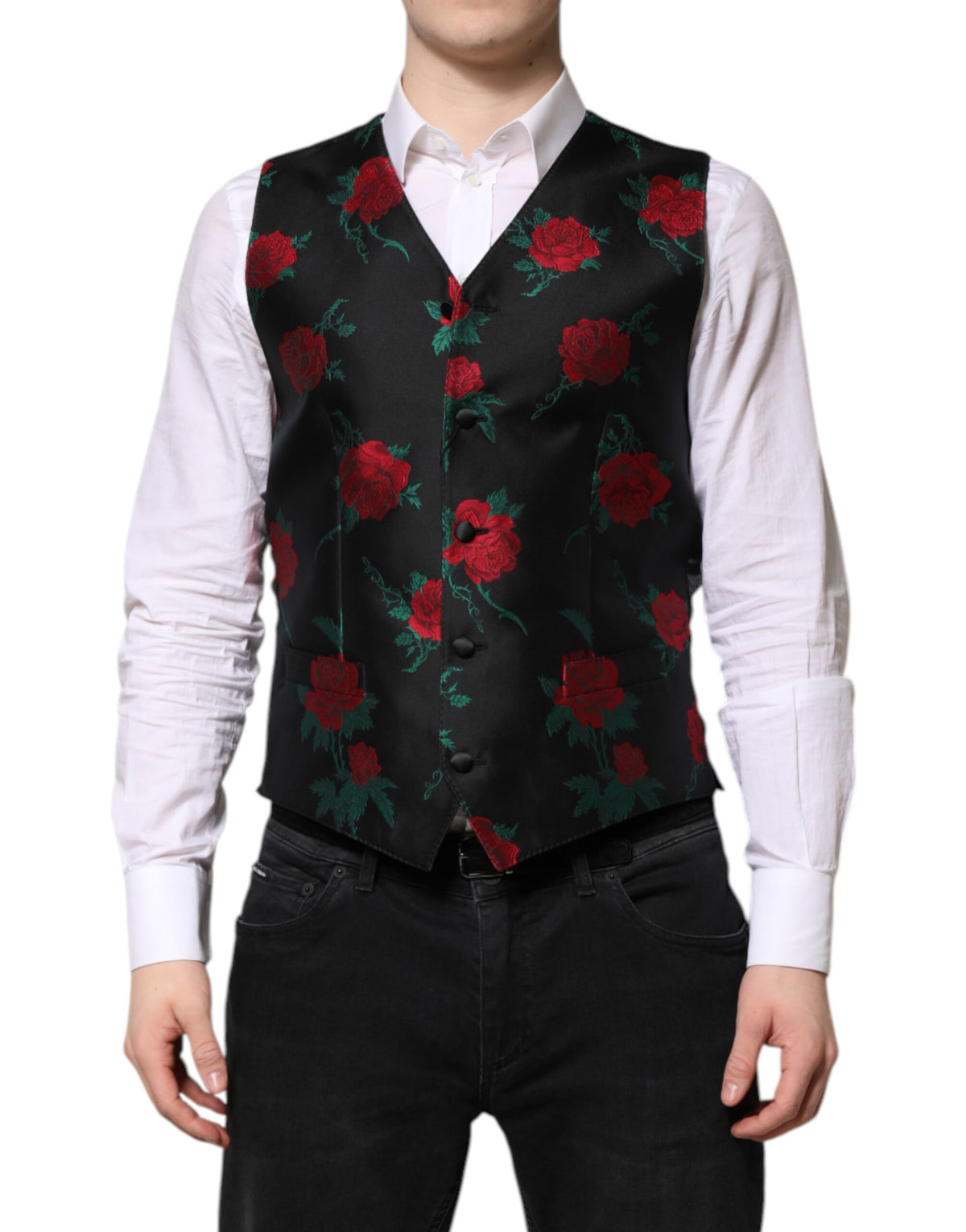 Discover the Dolce & Gabbana Red Floral Brocade Formal Waistcoat Vest, a masterpiece of Italian craftsmanship in luxurious silk and polyester, perfect for elevating your sophisticated style.