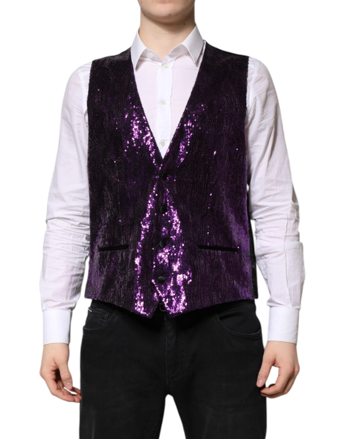 Elevate your style with the Dolce & Gabbana Purple Sequined Dress Waistcoat Vest, a masterpiece of Italian craftsmanship that embodies luxury and allure.
