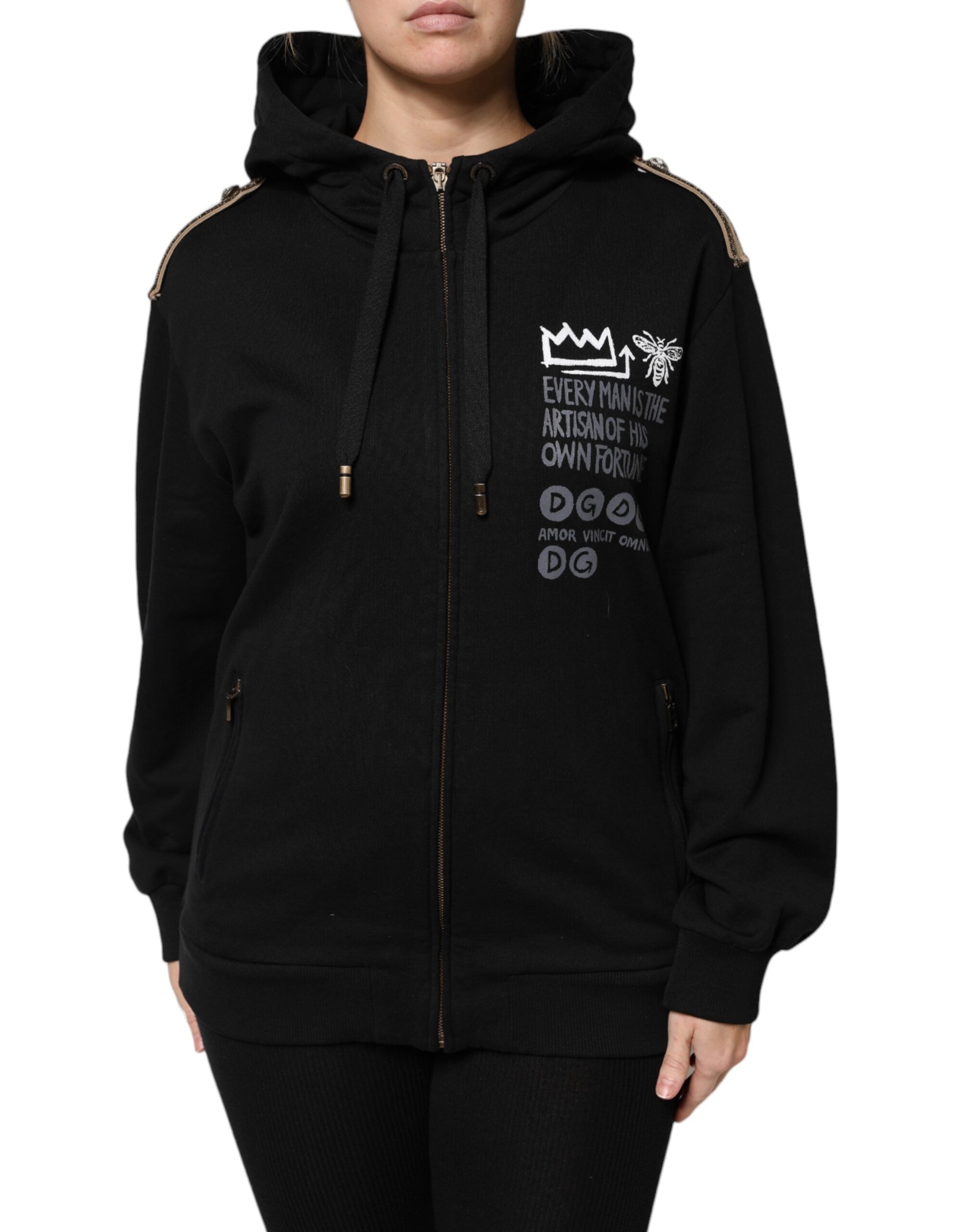 Indulge in the Dolce & Gabbana Black Logo Hooded Full Zip Sweatshirt Jacket, a masterpiece of Italian craftsmanship, blending luxurious cotton with timeless elegance for every occasion.
