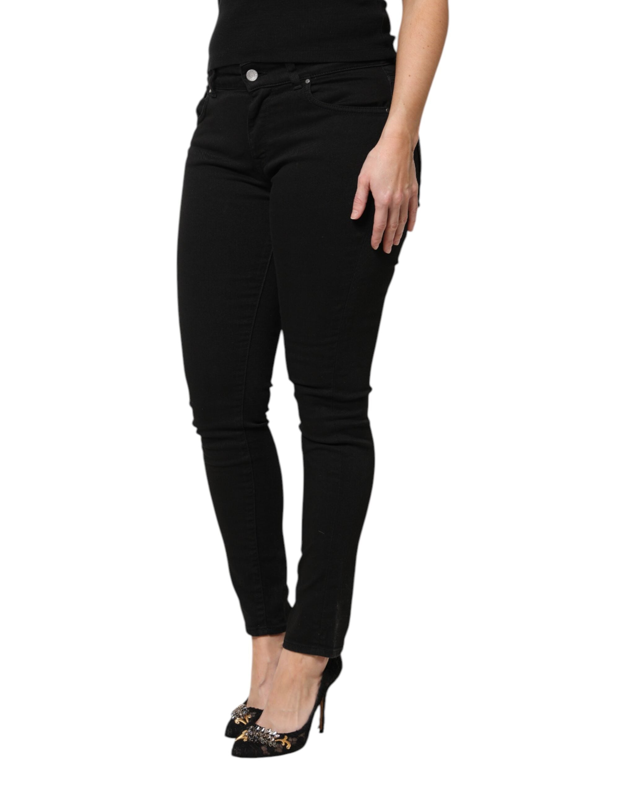 Dolce & Gabbana Black Cotton Logo Mid Waist Skinny Jeans Couture
