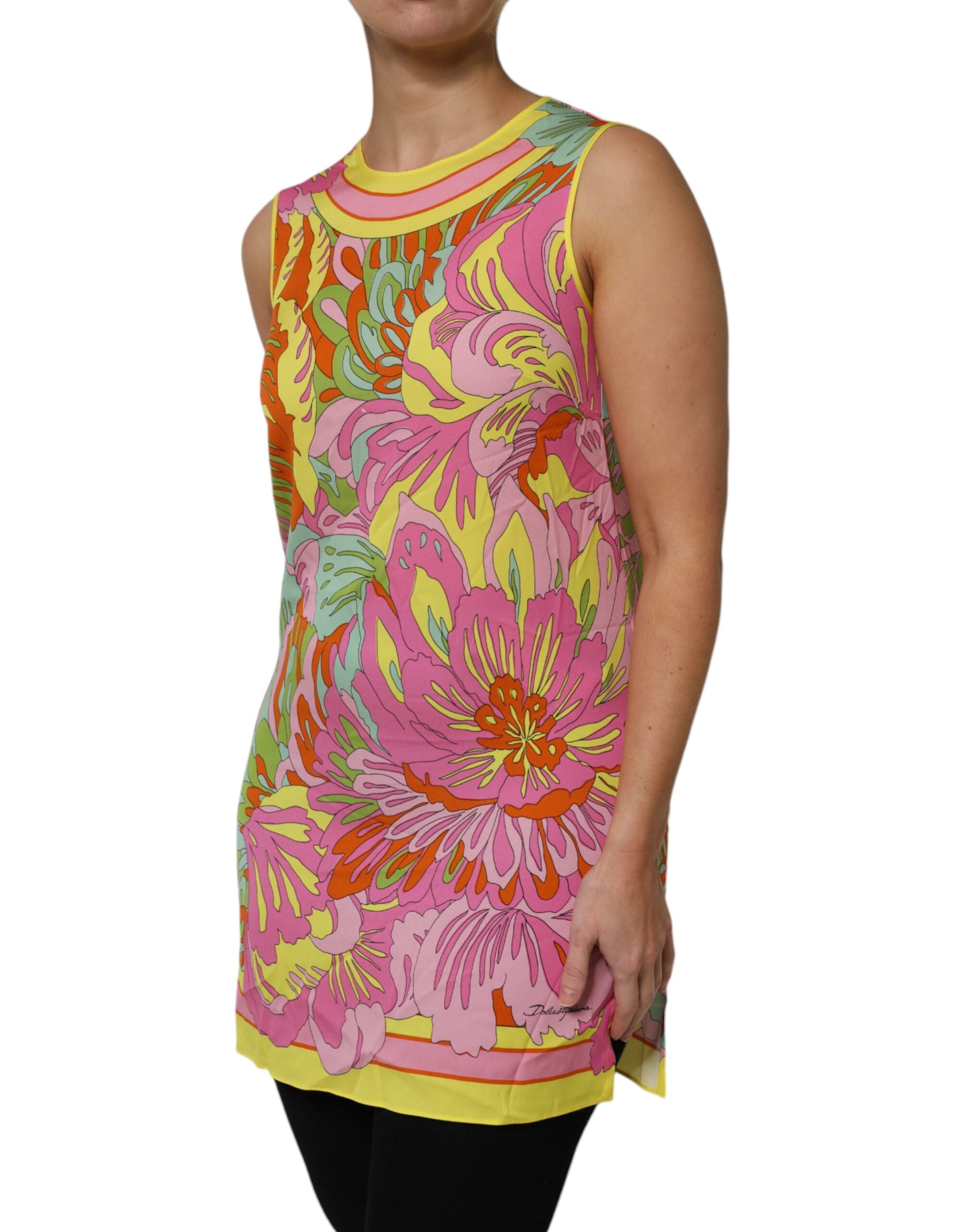 Indulge in the exquisite Dolce & Gabbana Multicolor Floral Roundneck Sleeveless Top, a masterpiece of silk and elastane that embodies haute couture elegance and Italian artistry.
