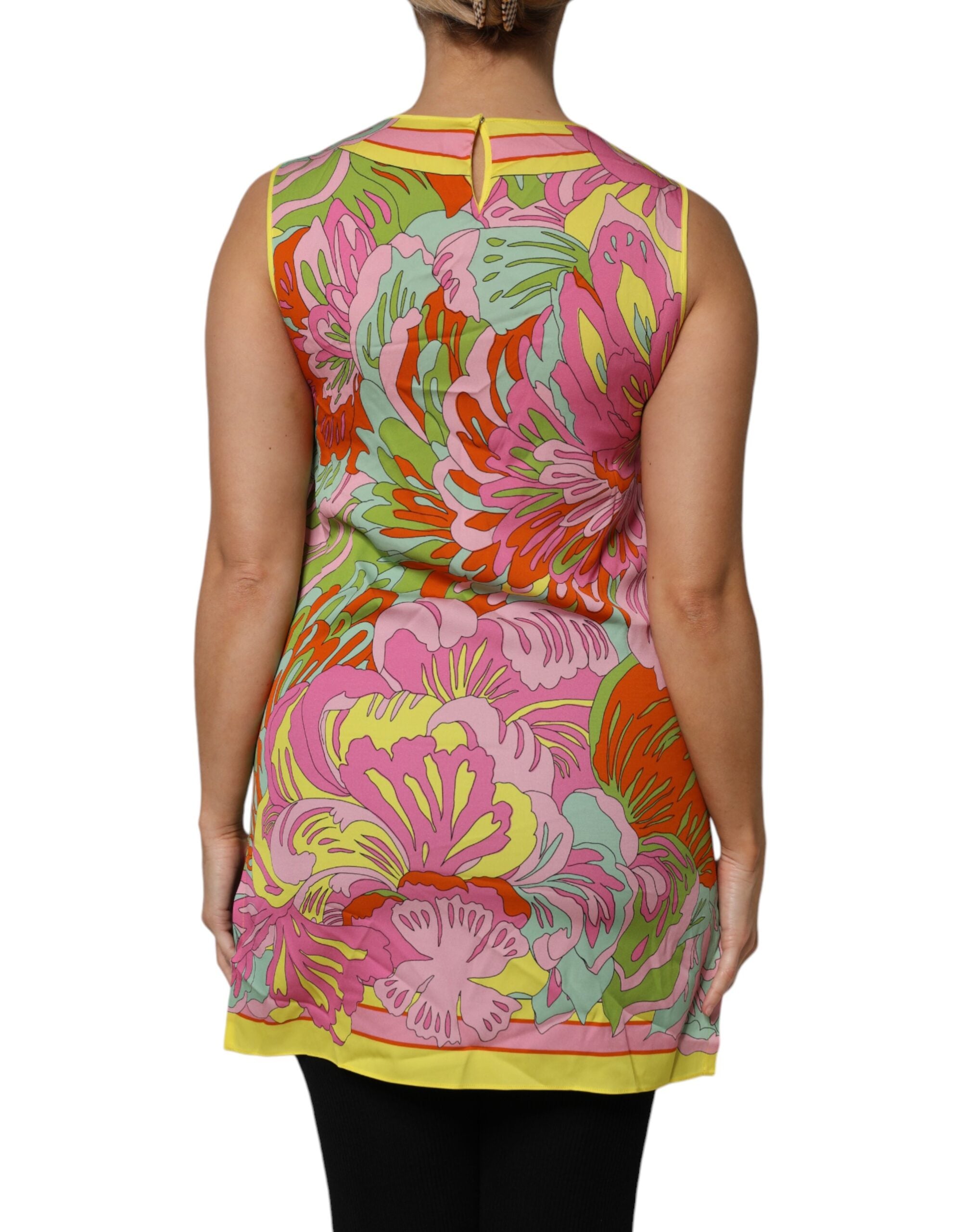 Indulge in the exquisite Dolce & Gabbana Multicolor Floral Roundneck Sleeveless Top, crafted from luxurious silk and elastane, embodying haute couture elegance and Italian artistry.
