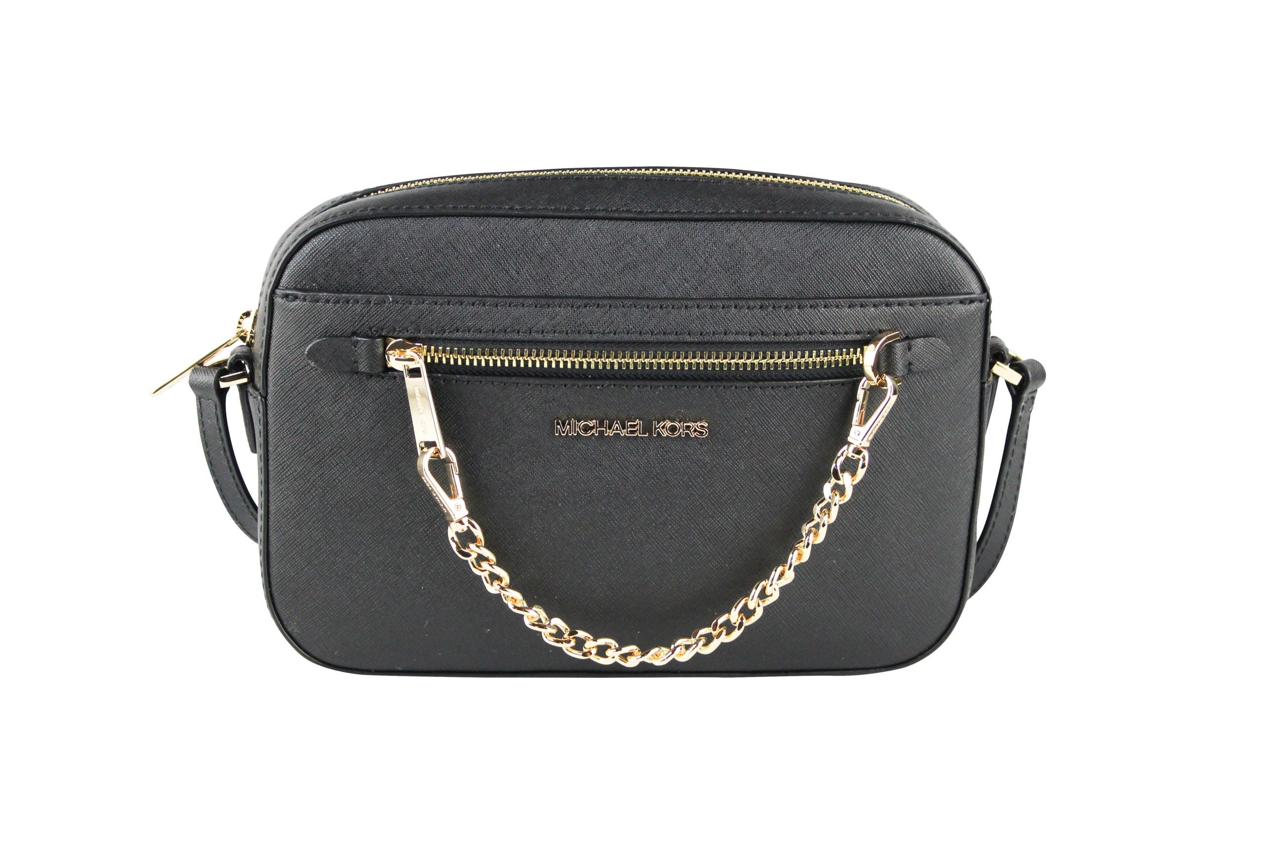Michael Kors Jet Set Item Large East West Saffiano Leather Zip Chain Crossbody Handbag (Black Solid/Gold) - DEA STILOSA MILANO