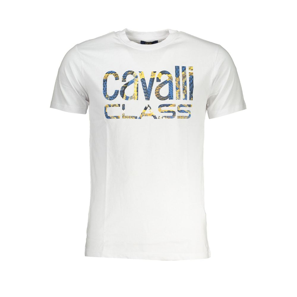 Experience the allure of the Cavalli Class Bianco Cotton Men T-Shirt, crafted from premium Cotone, merging luxury with effortless style for the discerning individual.