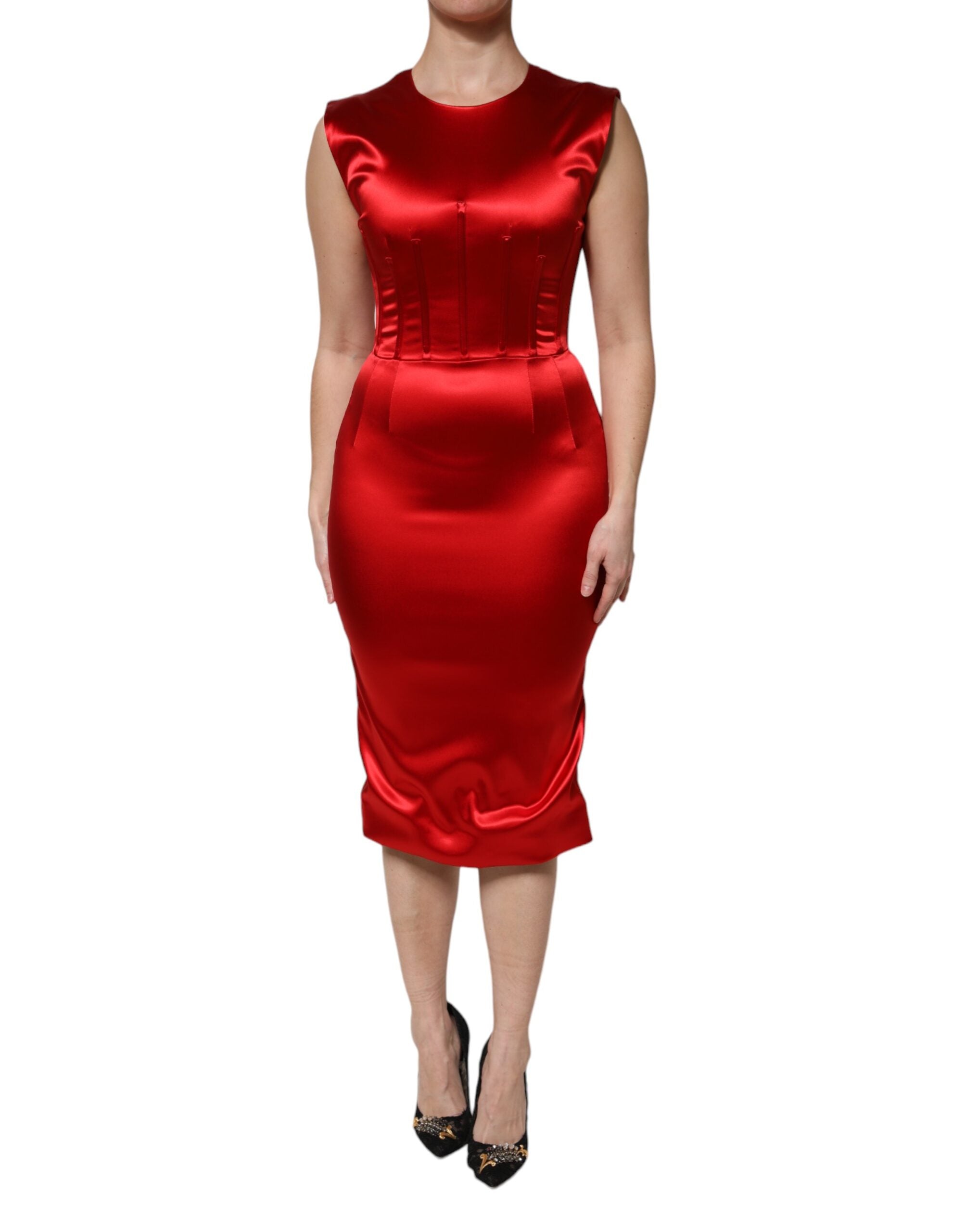 Discover the allure of the Dolce & Gabbana Red Acetate Sleeveless Sheath Midi Dress, a masterpiece of Italian craftsmanship that embodies luxury and sophistication.