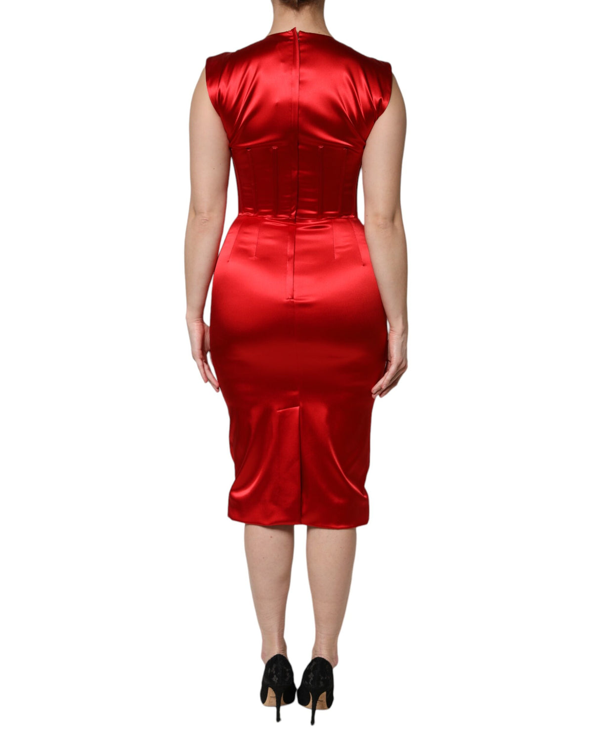 Elevate your elegance with the Dolce & Gabbana Red Acetate Sleeveless Sheath Midi Dress, a masterpiece of Italian craftsmanship that embodies luxury and sophistication.