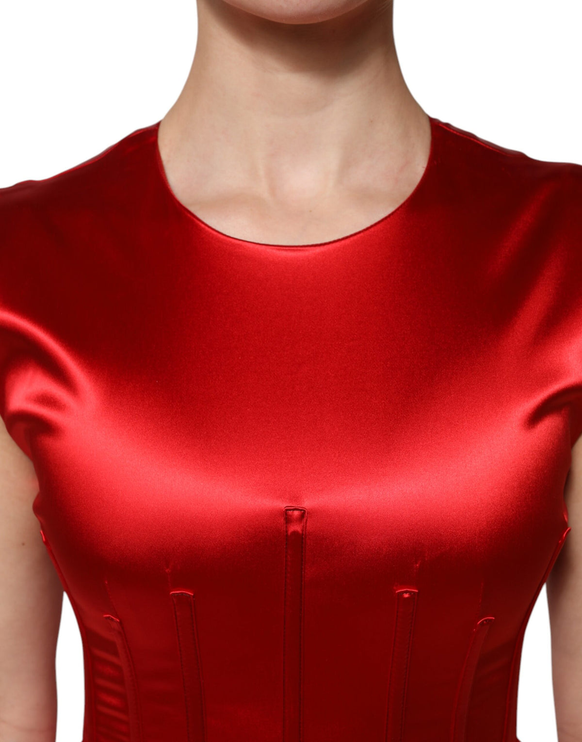 Indulge in the exquisite allure of the Dolce & Gabbana Red Acetate Sleeveless Sheath Midi Dress, where luxurious materials meet Italian craftsmanship for timeless elegance.