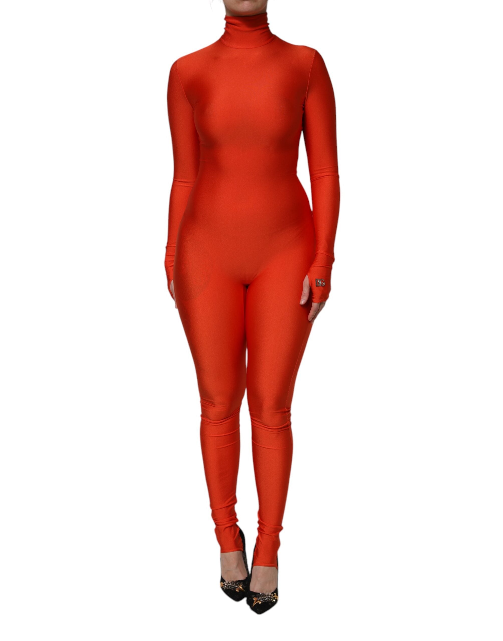 Indulge in the allure of the Dolce & Gabbana Red Nylon Turtleneck Bodycon Jumpsuit Dress, where exquisite Italian craftsmanship meets luxurious comfort for a captivating statement.