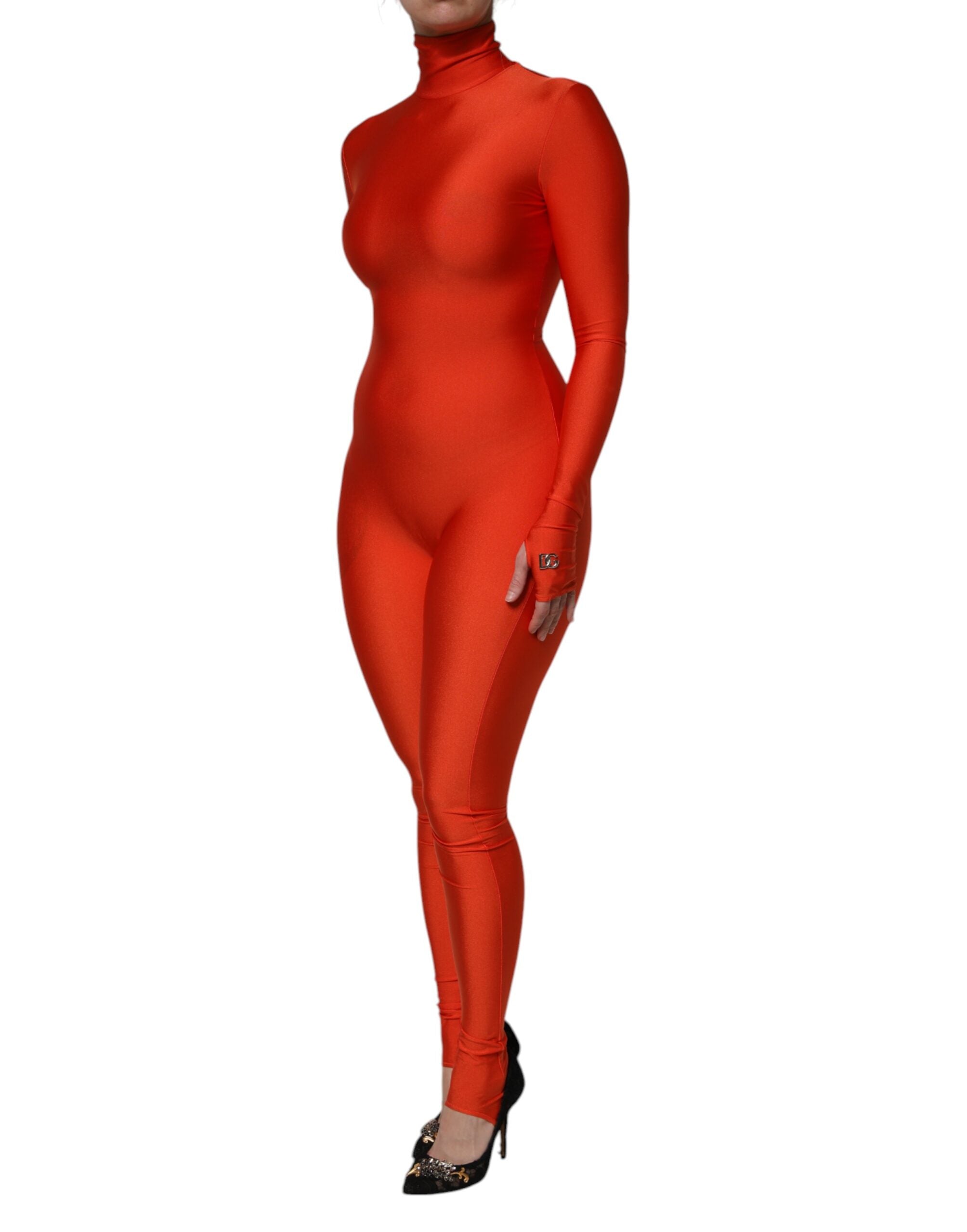 Indulge in the allure of the Dolce & Gabbana Red Nylon Turtleneck Bodycon Jumpsuit Dress, where exquisite Italian craftsmanship meets luxurious comfort for an unforgettable statement.