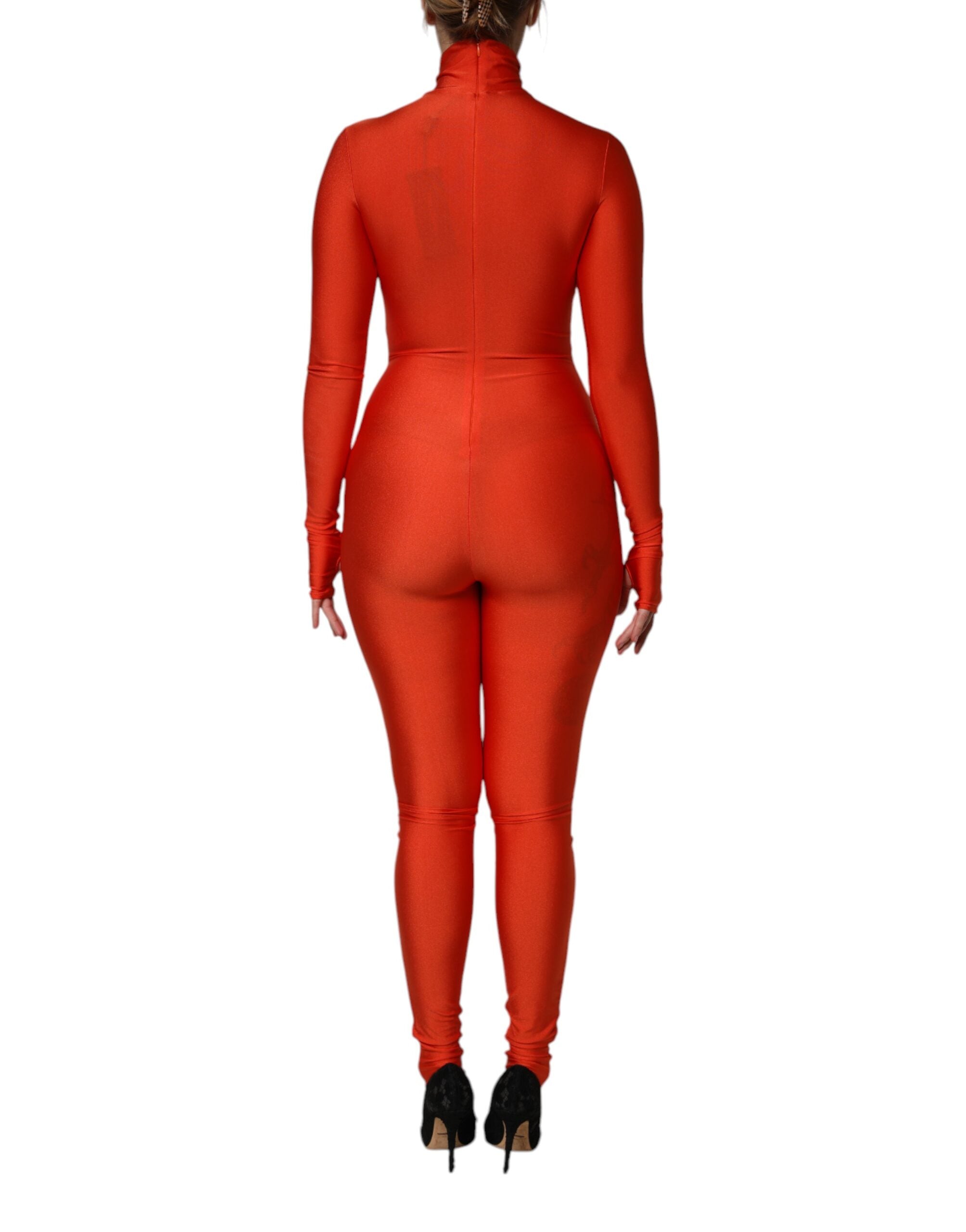 Indulge in the allure of the Dolce & Gabbana Red Nylon Turtleneck Bodycon Jumpsuit Dress, where exquisite Italian craftsmanship meets luxurious comfort for a captivating statement.