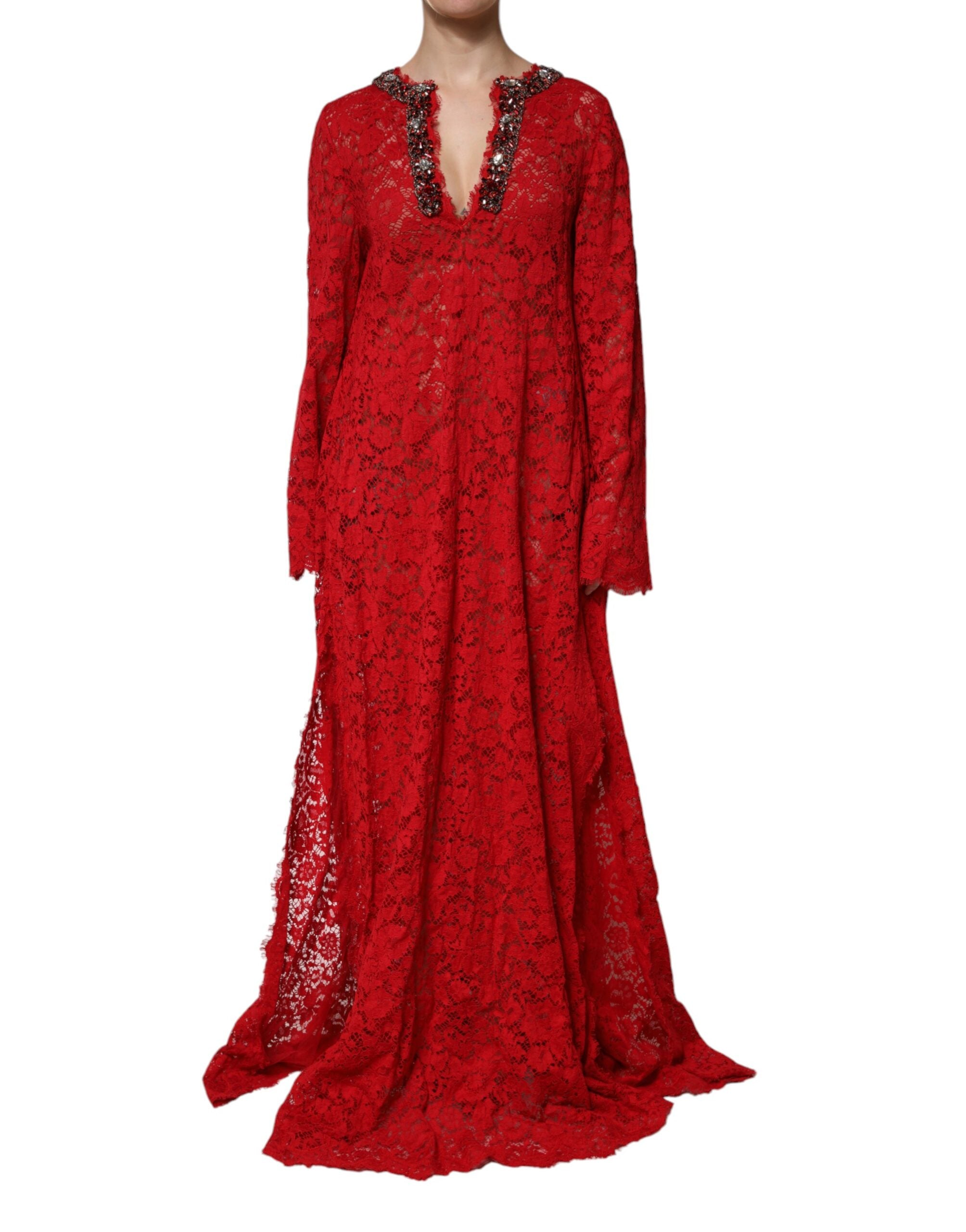 Indulge in the exquisite Dolce & Gabbana Red Floral Lace Rhinestone Embellished Dress, a symbol of luxury crafted in Italy, designed for those who embody elegance and confidence.
