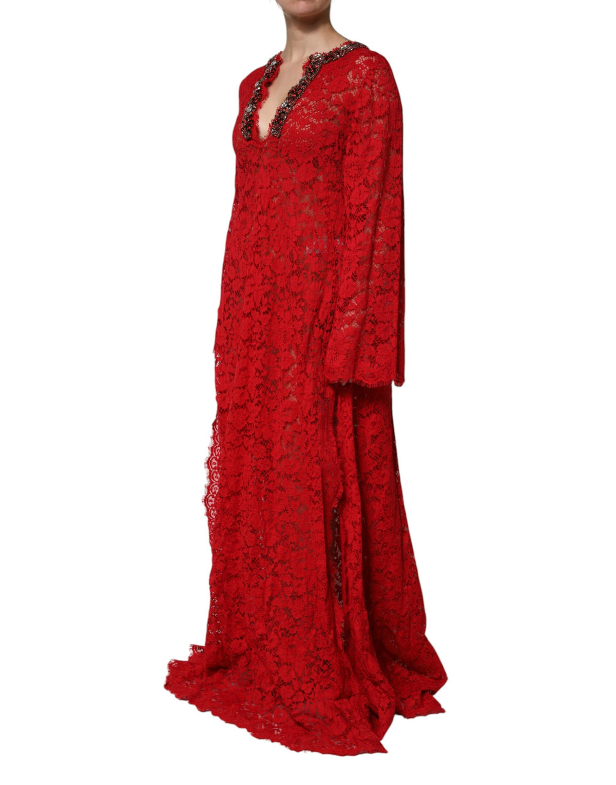 Indulge in the exquisite Dolce & Gabbana Red Floral Lace Rhinestone Embellished Dress, a symbol of luxury crafted in Italy, designed for those who embody elegance and sophistication.