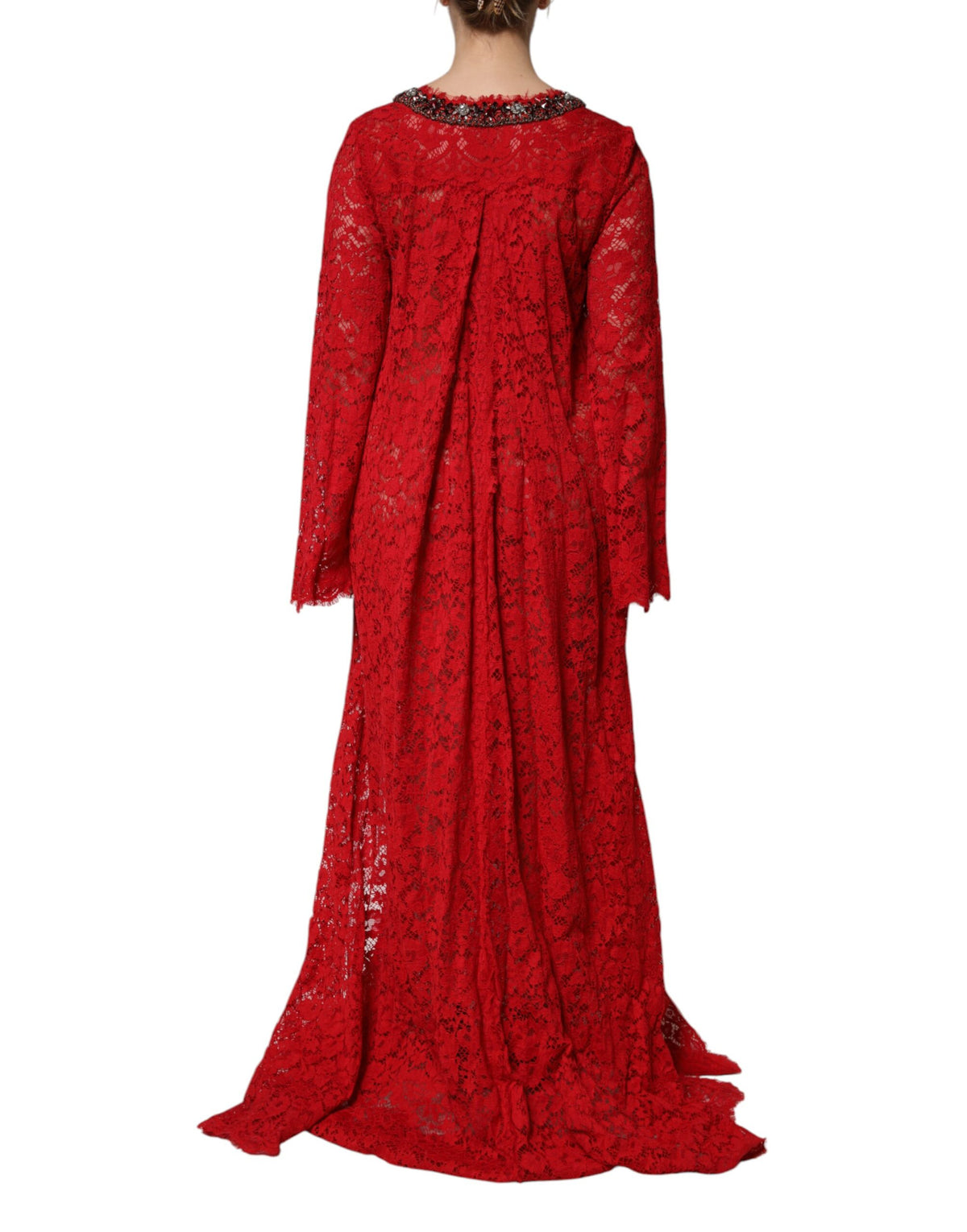 Indulge in the exquisite Dolce & Gabbana Red Floral Lace Rhinestone Embellished Dress, a masterpiece of Italian craftsmanship that embodies luxury and sophistication for the discerning individual.