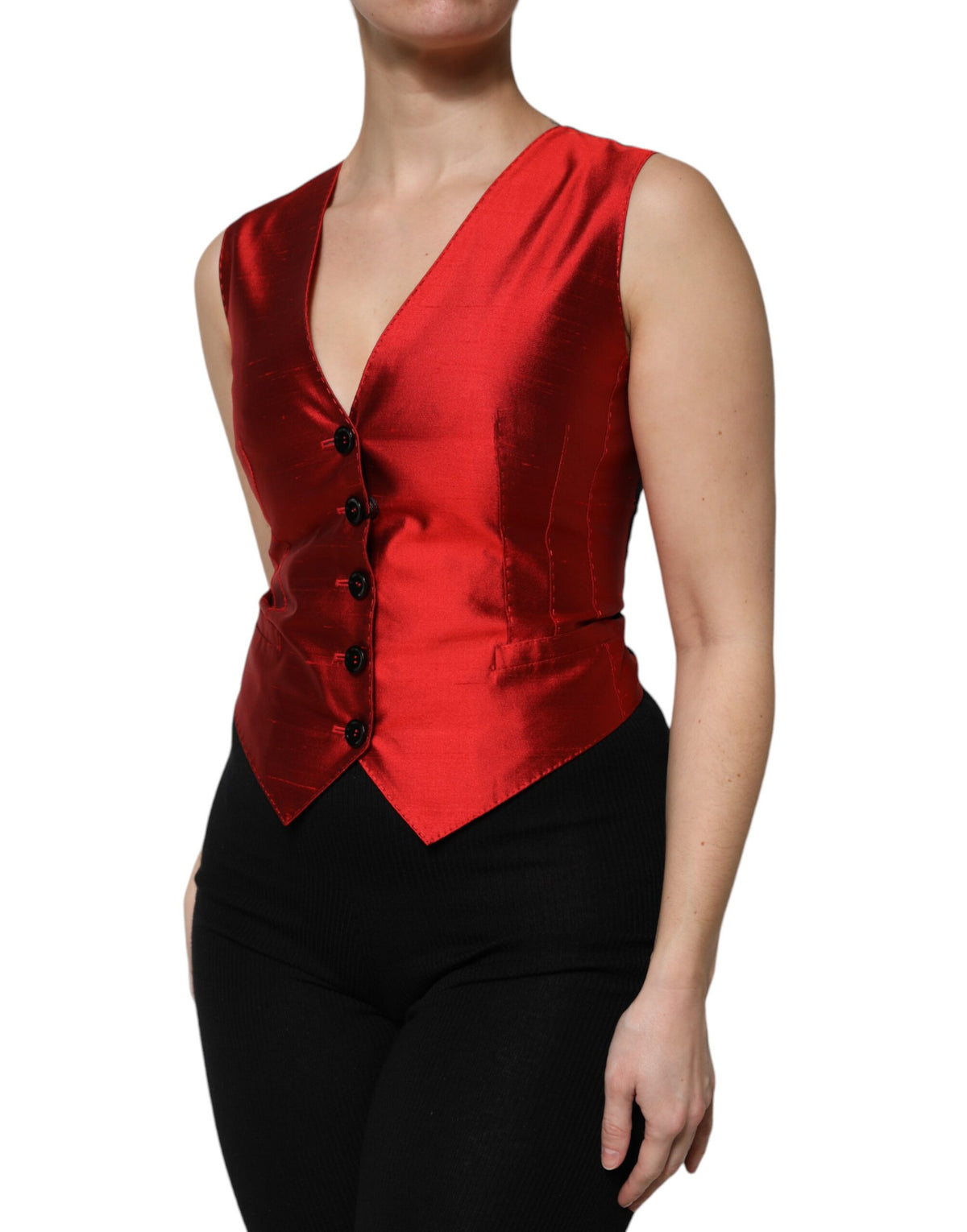 Elevate your wardrobe with the Dolce & Gabbana Red Black Button Down Sleeveless Vest Top, a luxurious silk blend that embodies exquisite Italian craftsmanship and timeless elegance.