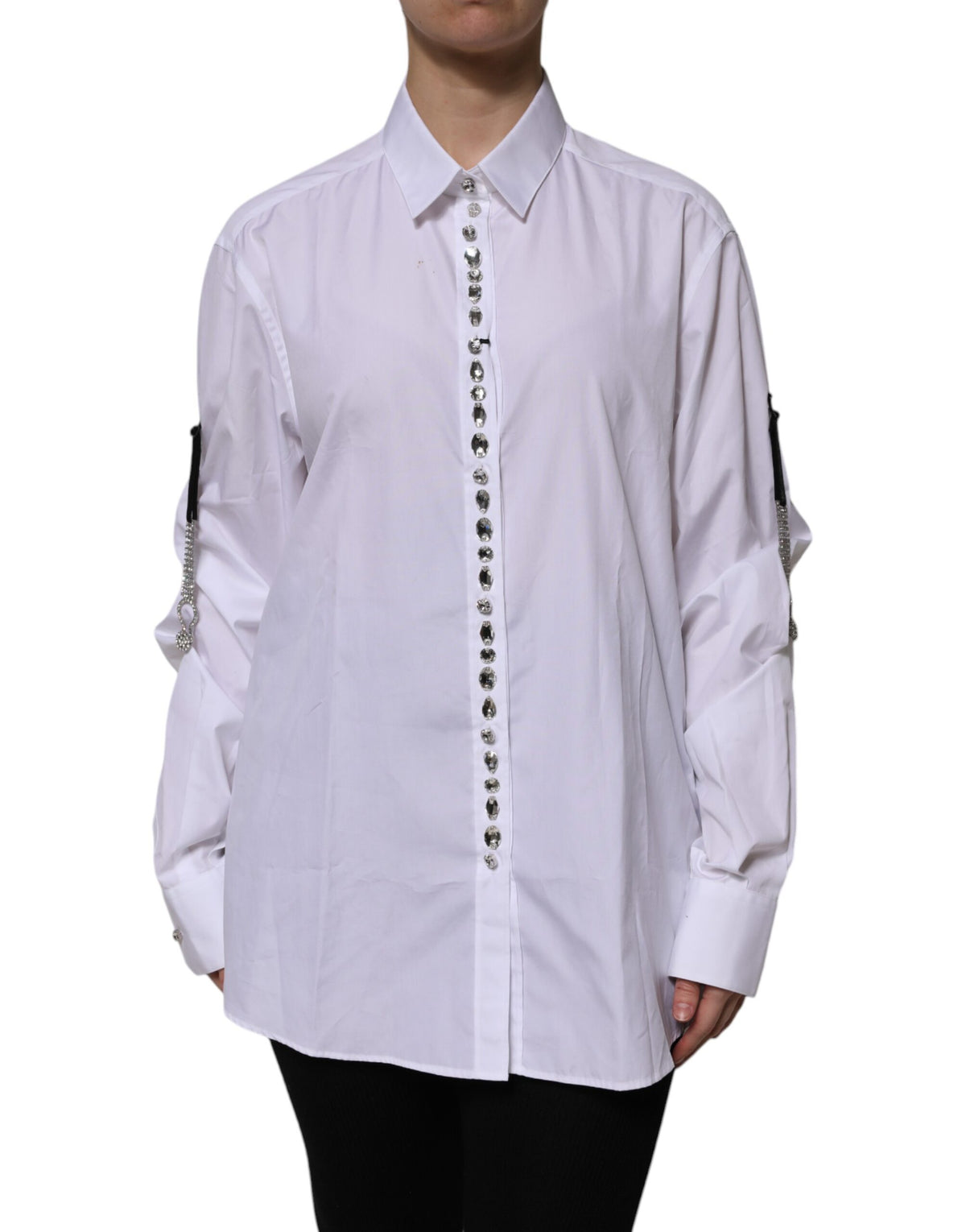 Elevate your wardrobe with the Dolce & Gabbana White Rhinestone Embellish Long Sleeves Top, a masterpiece of Italian craftsmanship in luxurious cotton, perfect for embodying elegance and allure.