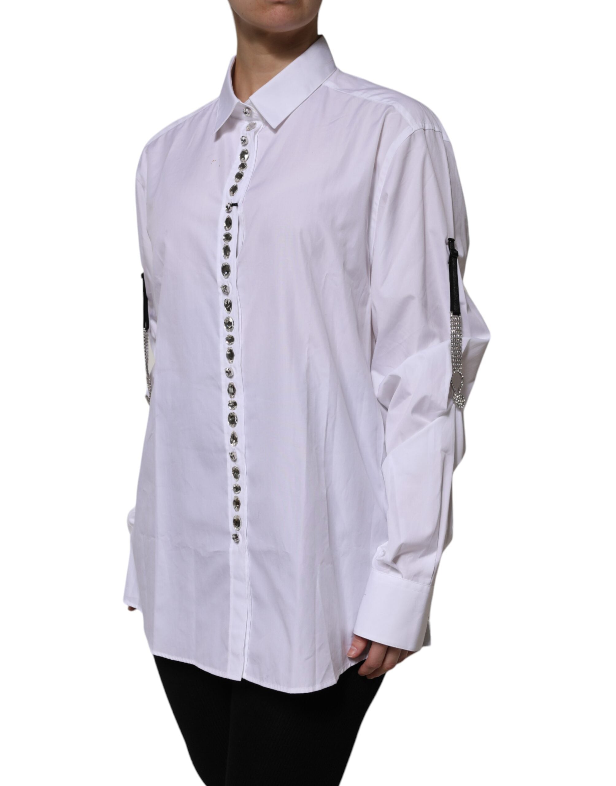 Dolce & Gabbana White Rhinestone Embellish Long Sleeves Top