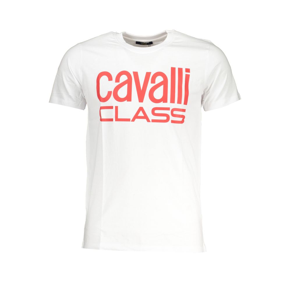 Indulge in the exquisite Cavalli Class Bianco Cotton Uomo T-Shirt, a timeless blend of luxury and comfort, perfect for the discerning individual seeking elegance in every moment.