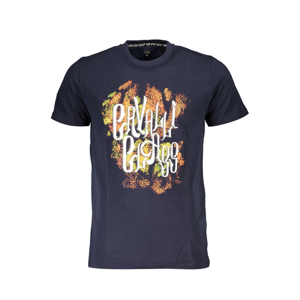 Indulge in the Cavalli Class Blue Cotton Men’s T-Shirt, a fusion of exquisite craftsmanship and contemporary elegance, perfect for the discerning individual.