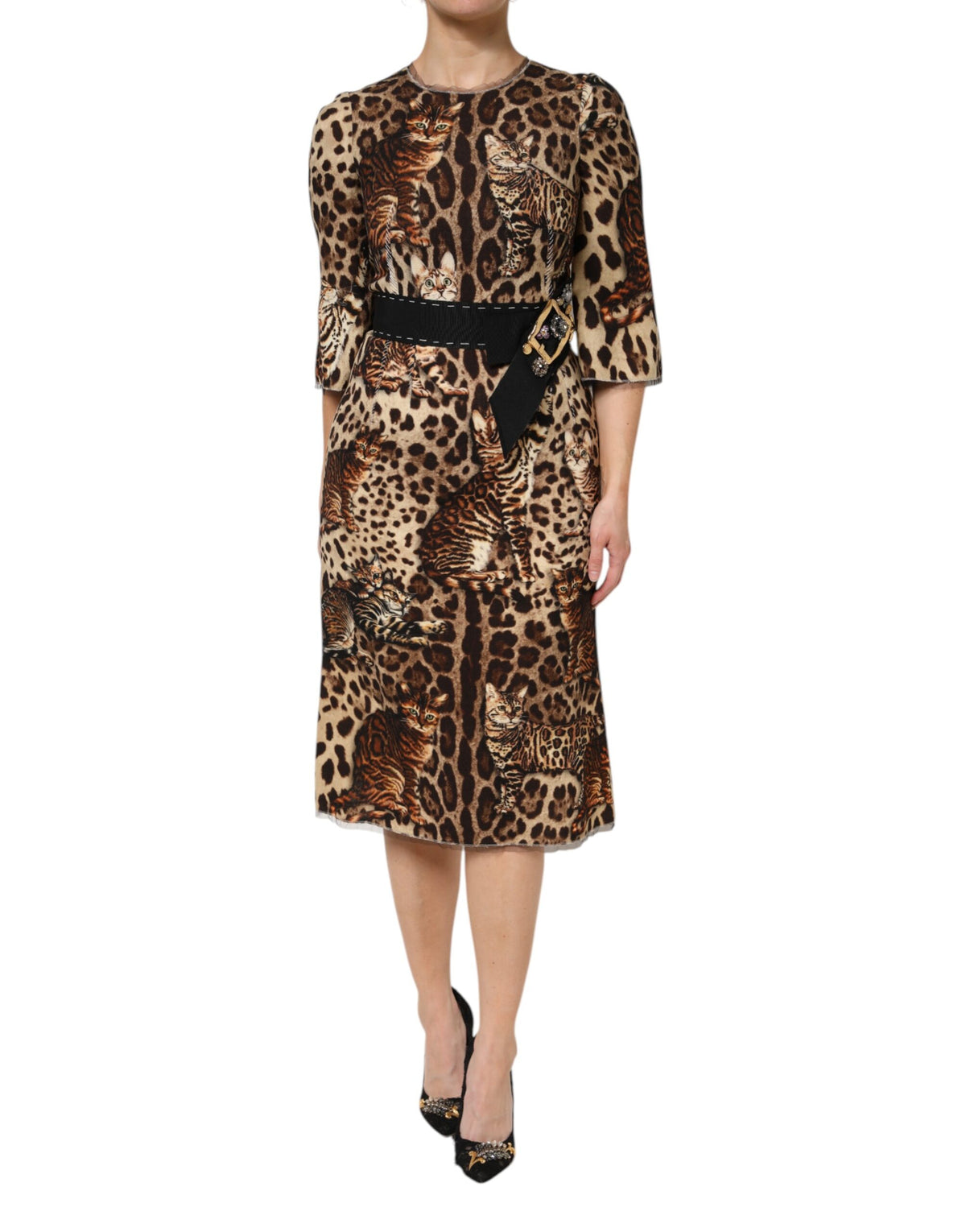 Discover the Dolce & Gabbana Brown Leopard Print Belted A-line Midi Dress, a luxurious blend of virgin wool and nylon, embodying Italian craftsmanship and timeless elegance.