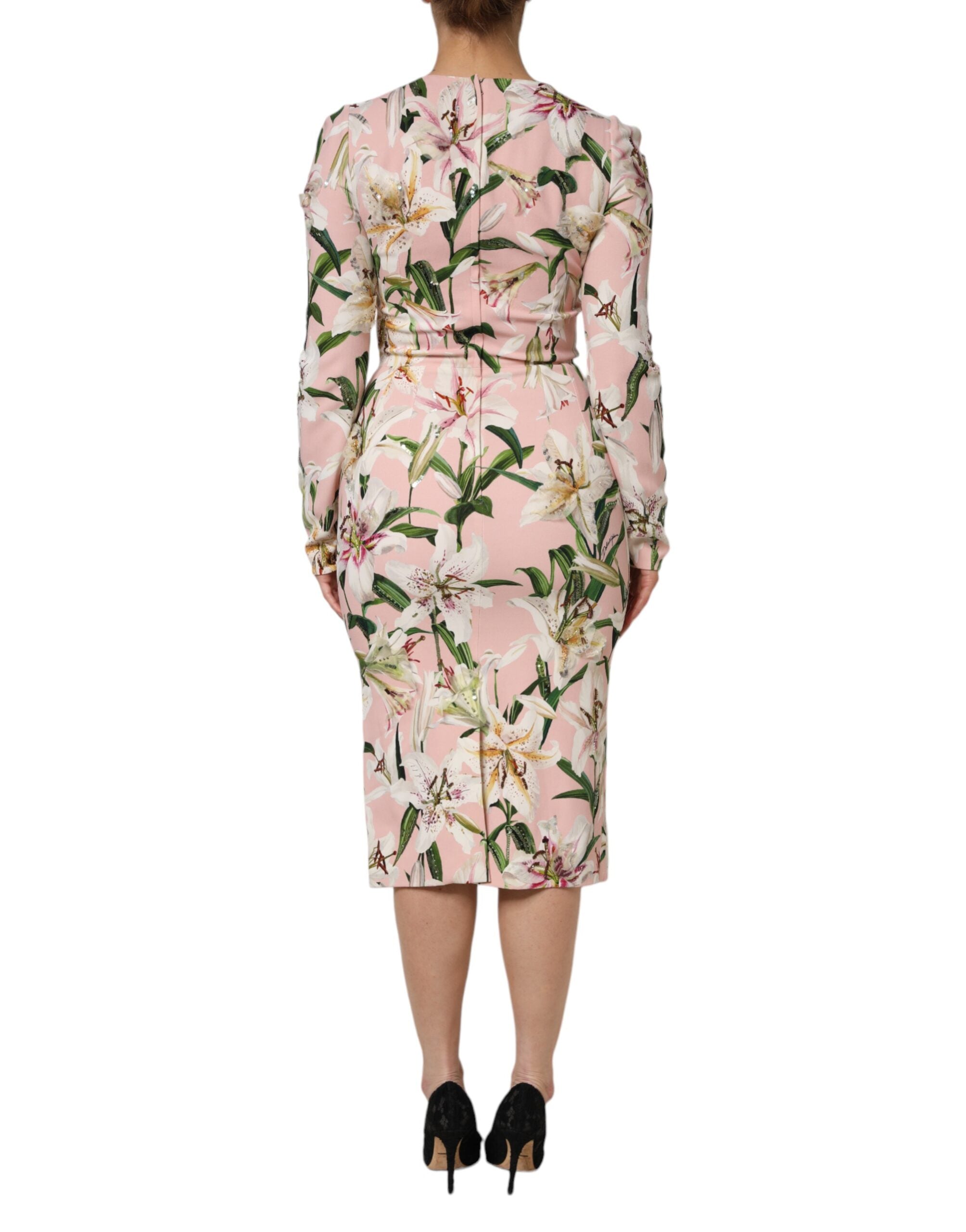 Indulge in the allure of the Dolce & Gabbana Pink Lily Viscose Sheath Midi Dress, crafted from luxurious materials that embody Italian elegance and sophistication.