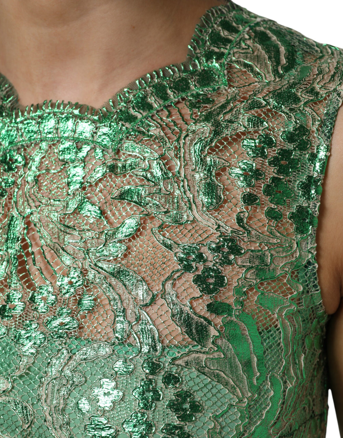 Indulge in the exquisite Dolce & Gabbana Green Cotton Floral Lace Sheath Midi Dress, where Italian craftsmanship meets elegant allure, perfect for the discerning individual.