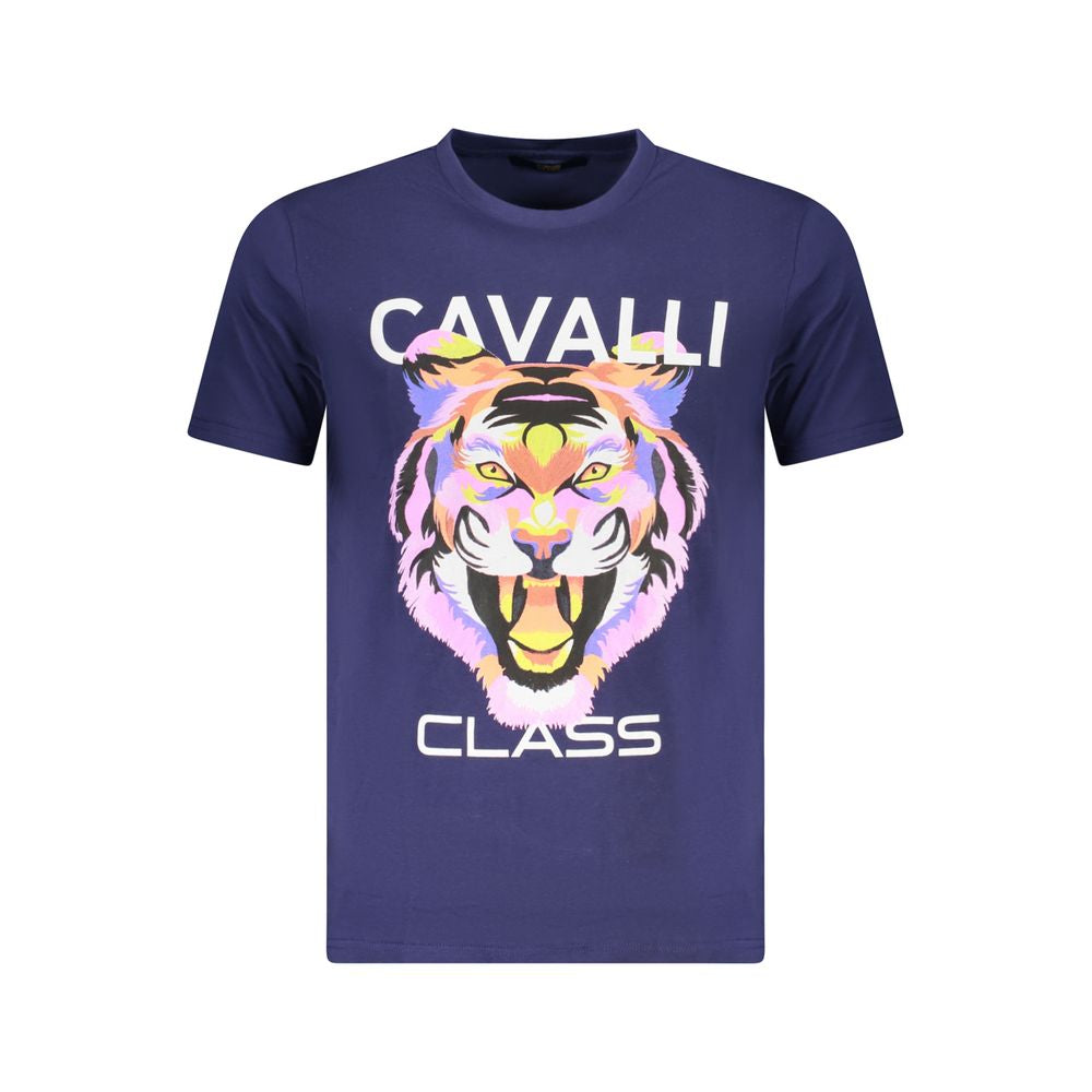 Elevate your wardrobe with the CAVALLI CLASS Blu Cotton Men T-Shirt, a masterpiece of 100% Cotone that embodies luxurious comfort and timeless sophistication.