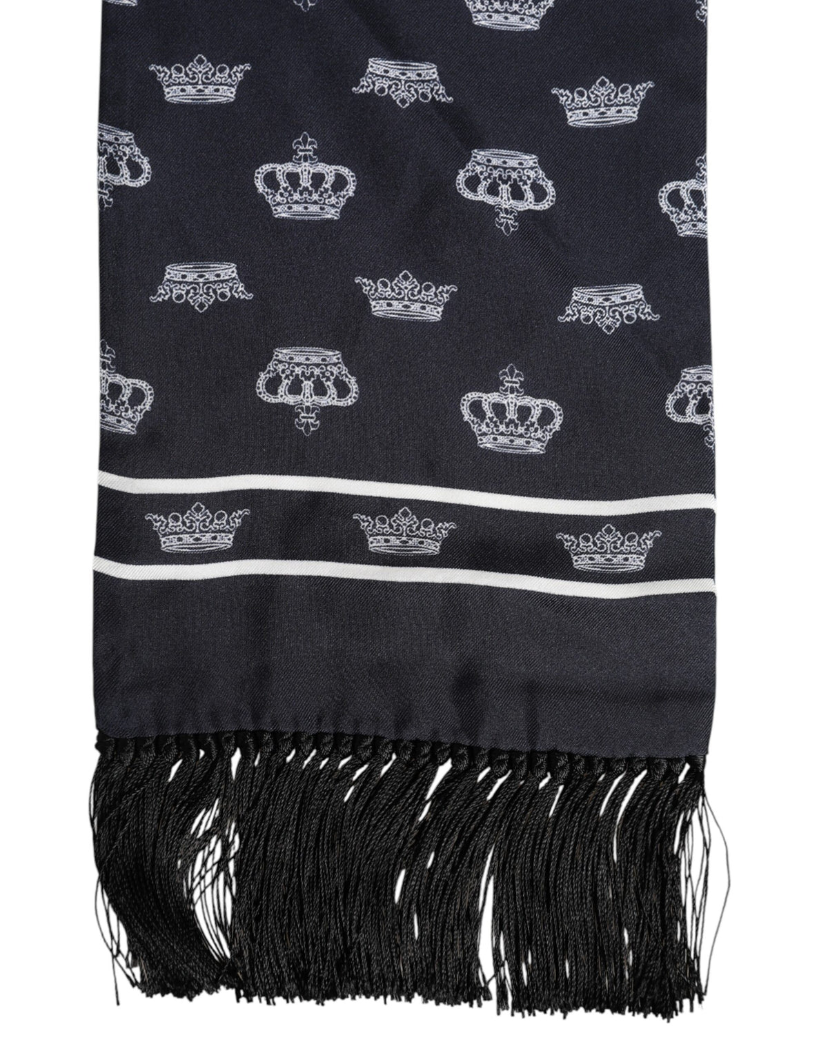 Elevate your elegance with the Dolce & Gabbana Black Silk Crown Fringes Foulard Scarf, a luxurious 100% silk accessory that embodies timeless sophistication and refined allure.